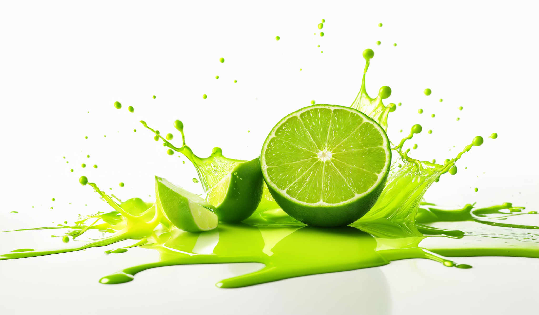 The image showcases vibrant green colors, predominantly from a liquid splash. The main shape is a cross-section of a lime, which is cut in half, revealing its juicy interior. Surrounding the lime are smaller droplets and splashes of the same green liquid, creating a dynamic and refreshing visual.