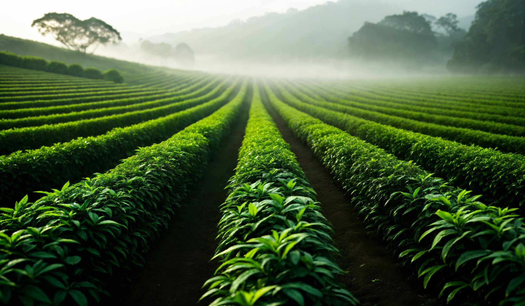 The image showcases a vast landscape of neatly aligned rows of green bushes or plants. These rows are symmetrically arranged, leading the viewer's eye into the distance. The bushes are vibrant green, indicating healthy growth. The background reveals a misty atmosphere with trees and hills, adding depth to the scene. The overall color palette is dominated by various shades of green, complemented by the soft whites and grays of the mist.