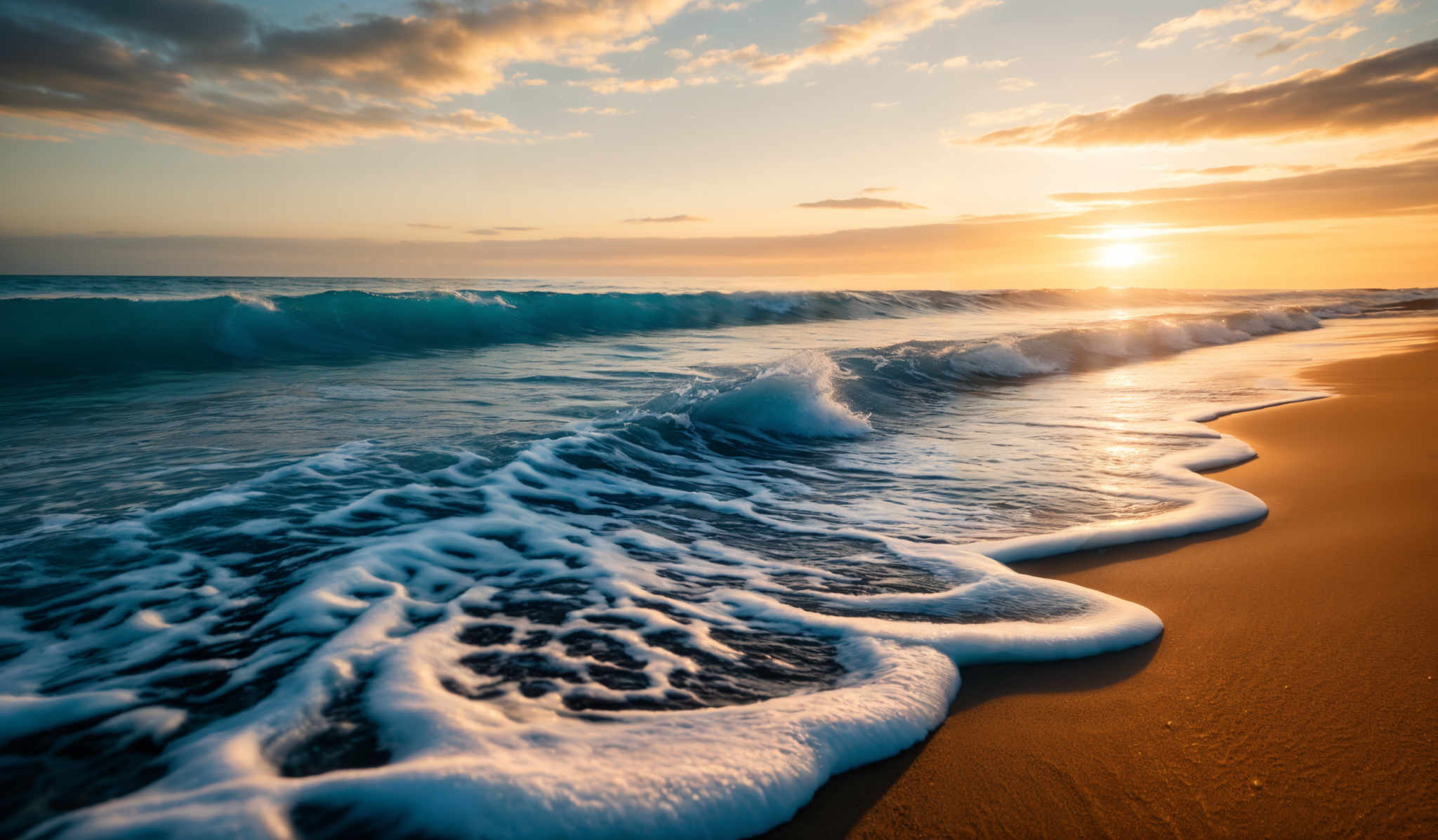 The image showcases a breathtaking seascape during sunset. The sky is painted with hues of orange, gold, and blue, with the sun nearing the horizon casting a warm glow. The sea is a vibrant shade of turquoise, with waves crashing onto the golden sandy beach. The foam from the waves forms intricate patterns on the shore, and the sun's reflection shimmers on the water's surface.