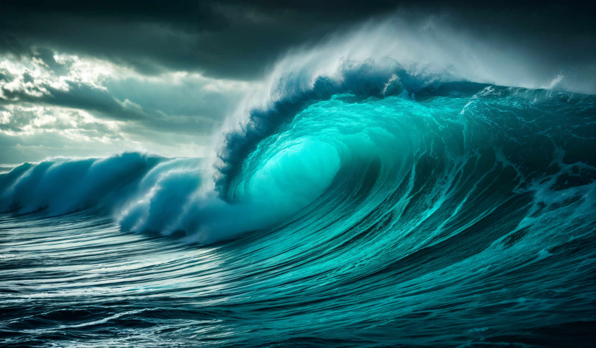 The image showcases a powerful wave, with a dominant turquoise hue, crashing against the shore. The wave's shape is curved, with the crest being the most prominent feature, displaying a beautiful play of light and shadow. The sky above is dramatic, filled with dark clouds, hinting at an impending storm or the aftermath of one. The sunlight pierces through the clouds, casting a golden glow on the water, creating a stark contrast with the darker tones of the wave and the sky.