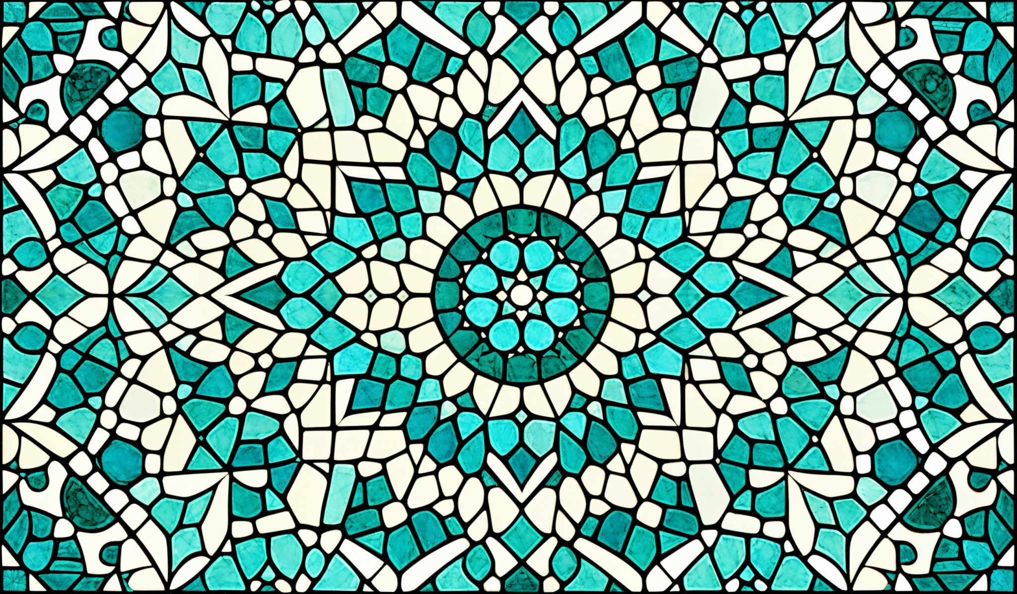 The image showcases a vibrant and intricate mosaic pattern. The dominant colors are shades of blue and white. The mosaics are composed of various geometric shapes, including triangles, rectangles, and trapezoids, arranged in a symmetrical manner. The central motif appears to be a flower or a star-like shape, surrounded by a complex web of interconnected pieces.