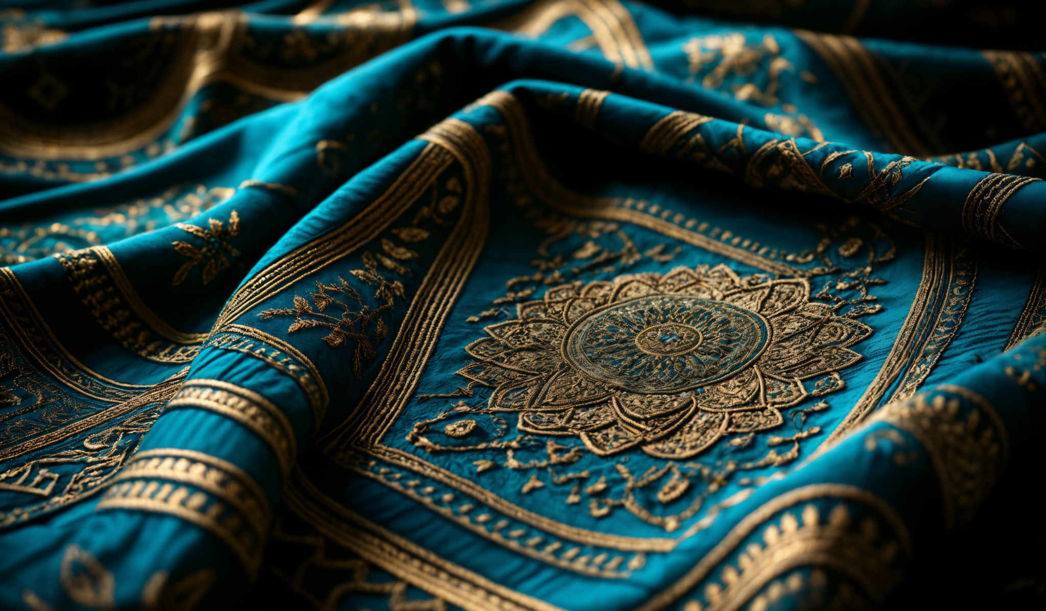 The image showcases a richly detailed fabric with a dominant teal color. The fabric is adorned with intricate golden patterns, including floral motifs, geometric shapes, and symmetrical designs. The patterns are densely packed, giving the fabric a luxurious and ornate appearance. The central focus is on a large, circular golden design surrounded by smaller motifs.