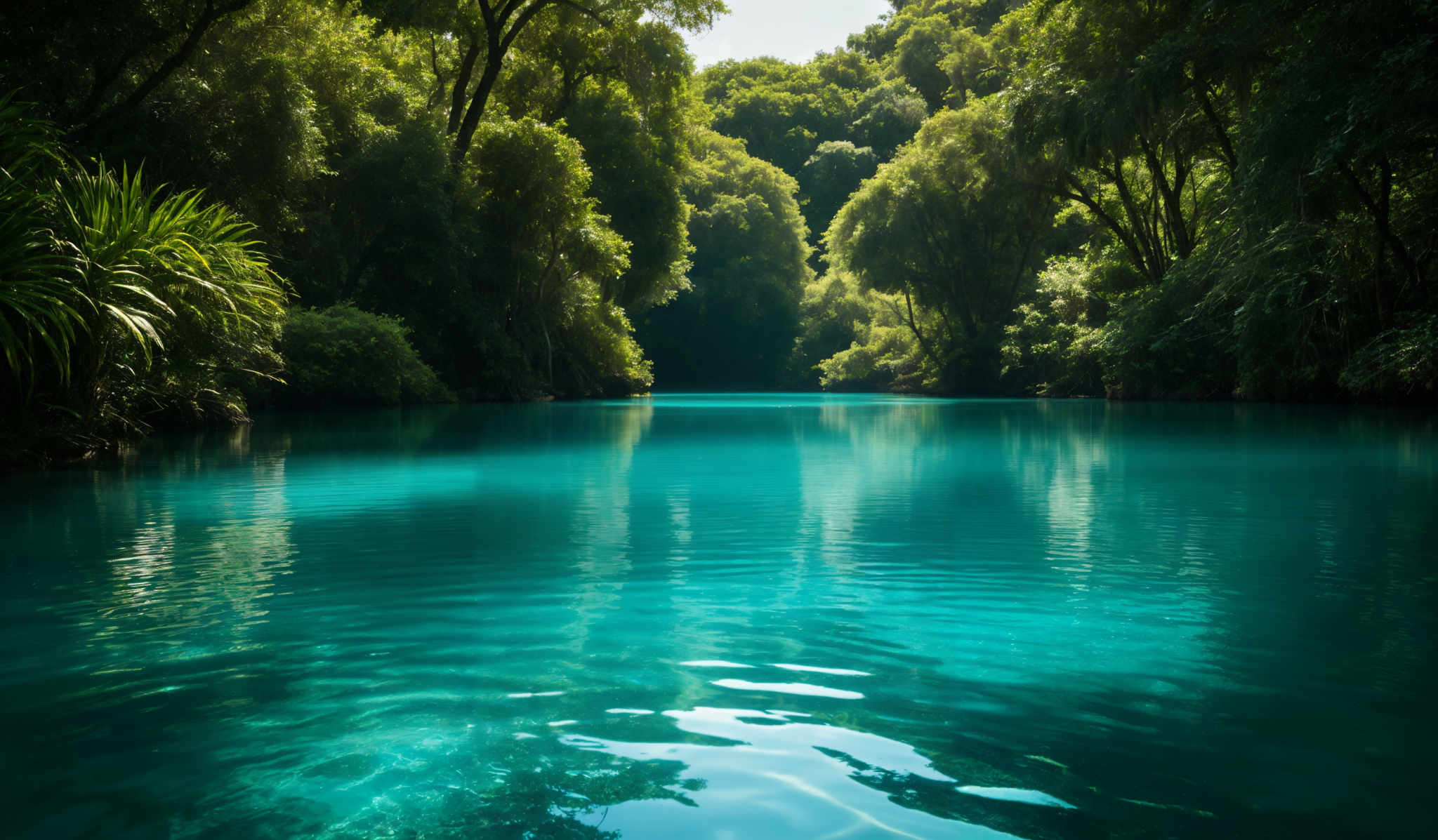 The image showcases a serene and picturesque natural setting. Dominated by shades of green, it features a calm river or lake with clear turquoise water. The water reflects the surrounding lush greenery, including tall trees and dense vegetation. The riverbank is adorned with various plants, including palm-like trees and other green shrubs. The sunlight filters through the canopy, casting dappled shadows on the water's surface.