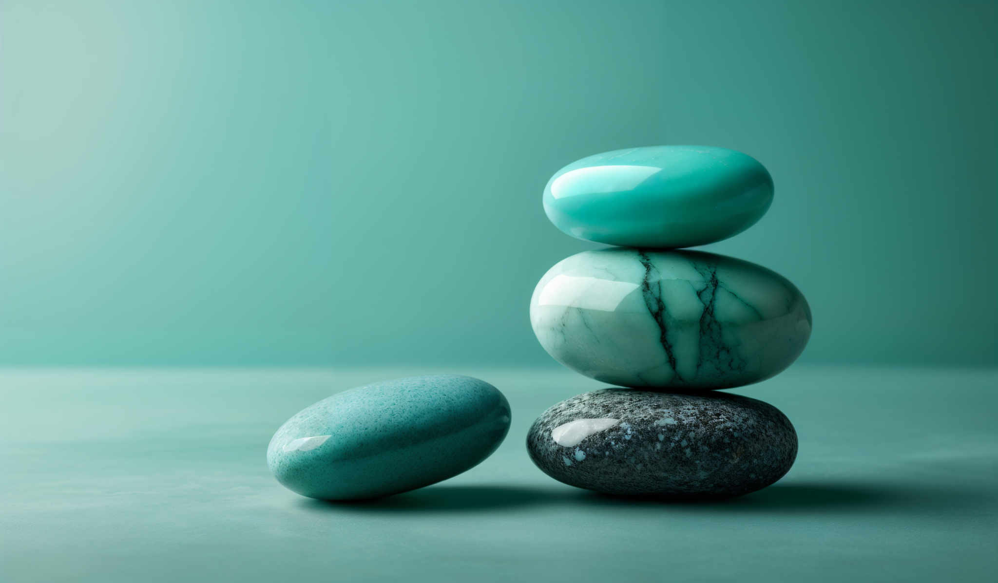 The image showcases a stack of three stones against a teal background. The topmost stone is a smooth, glossy, and oval-shaped turquoise stone. The middle stone is also oval but has a marbled pattern with shades of turquois and white. The bottom stone is elongated and has a speckled texture with a mix of gray and light blue hues.