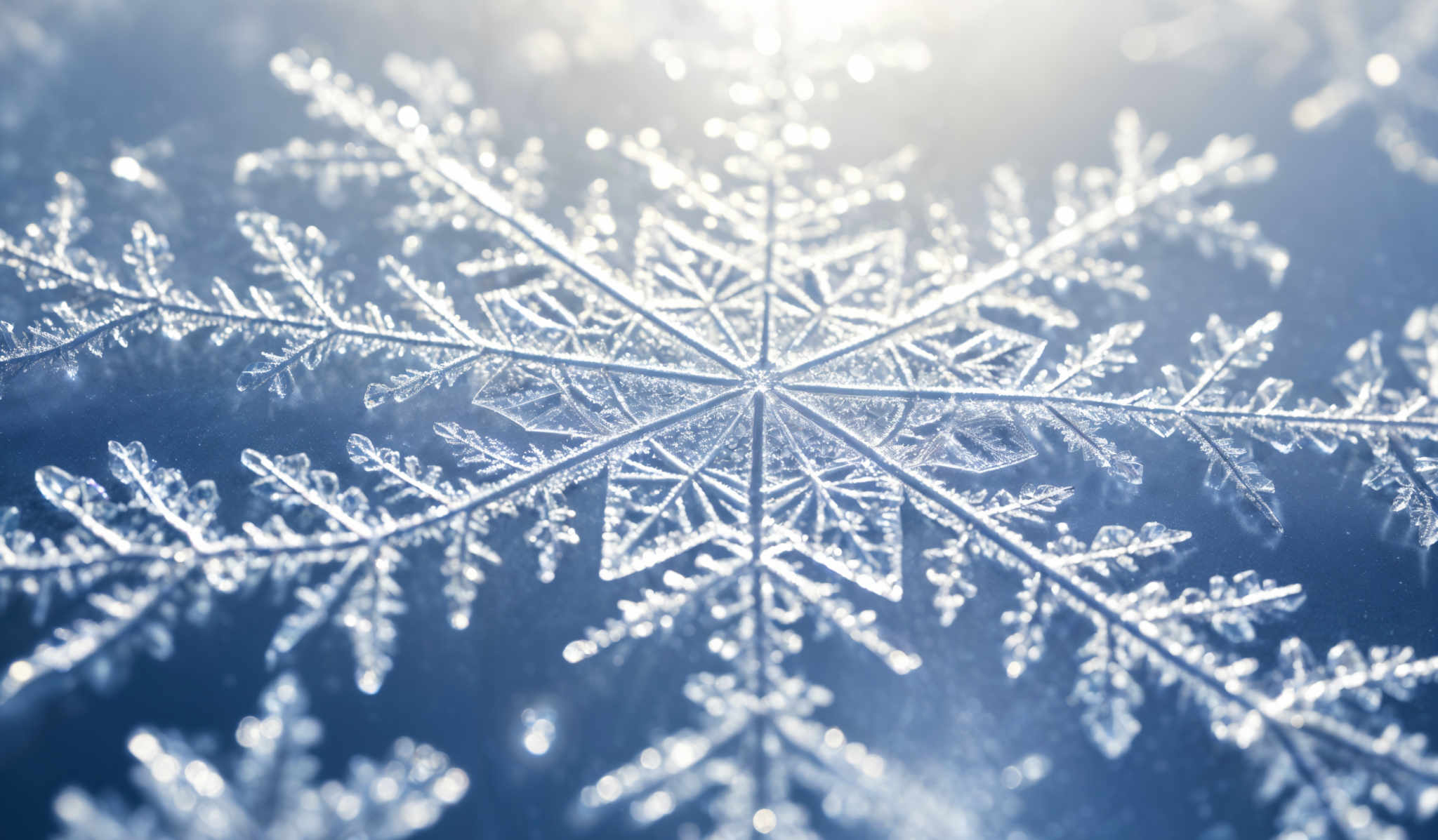 The image showcases a close-up of a snowflake. The snowflare is intricately detailed with a symmetrical shape, featuring multiple branches extending outwards from a central point. The color is predominantly a shimmering blue, with hints of white, likely due to the reflection of light. The crystalline structure of the snowflaw is evident, with fine lines and patterns that showcase the beauty and complexity of nature's designs.