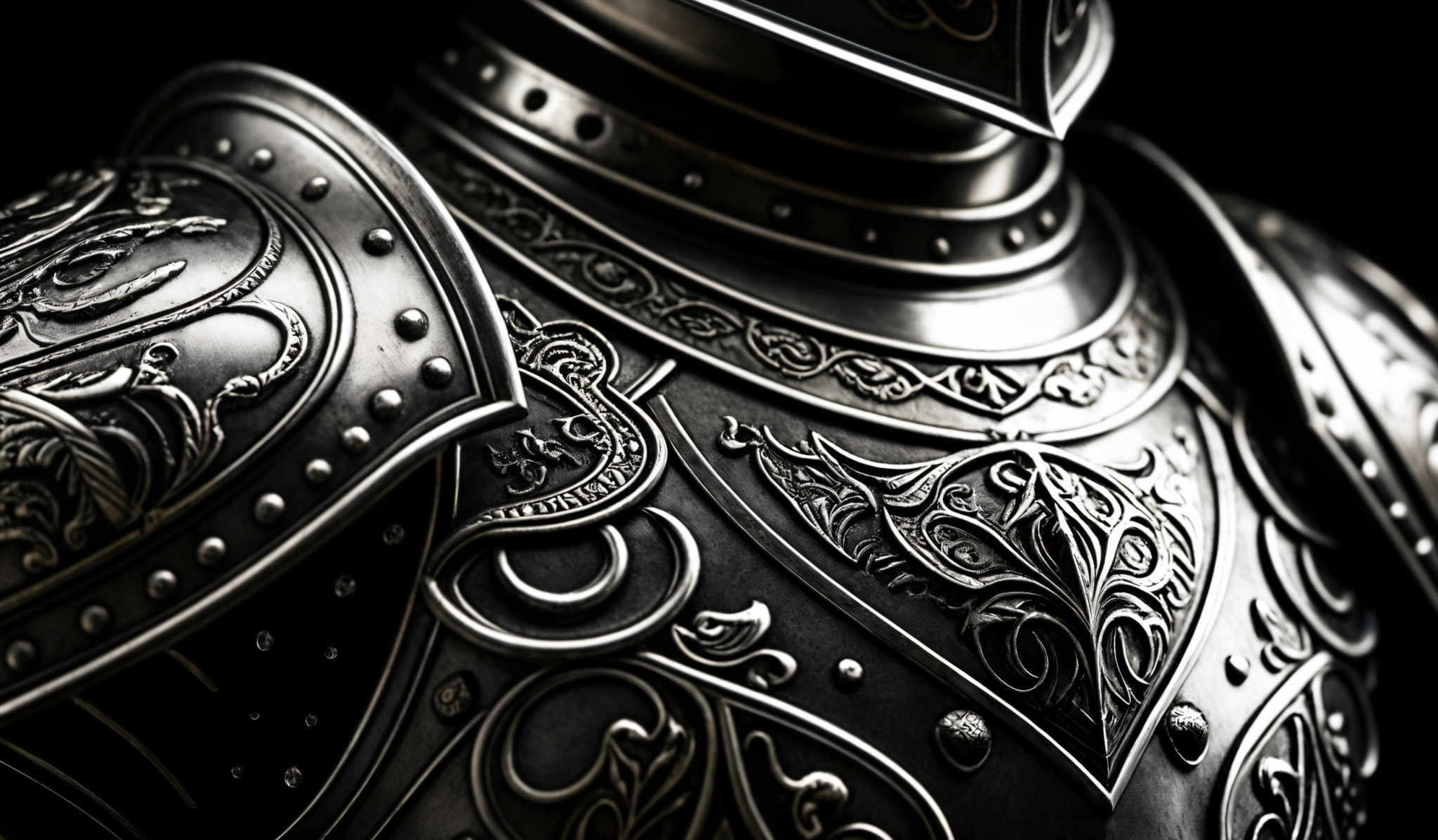 The image showcases an intricately designed piece of armor, predominantly in shades of silver and gray. The armor features ornate patterns, including swirling motifs and floral designs. The shape is reminiscent of medieval knight armor with a focus on the chest and shoulder regions. The details are meticulously crafted, with rivets, studs, and embossed patterns adding depth and dimension to the armor.