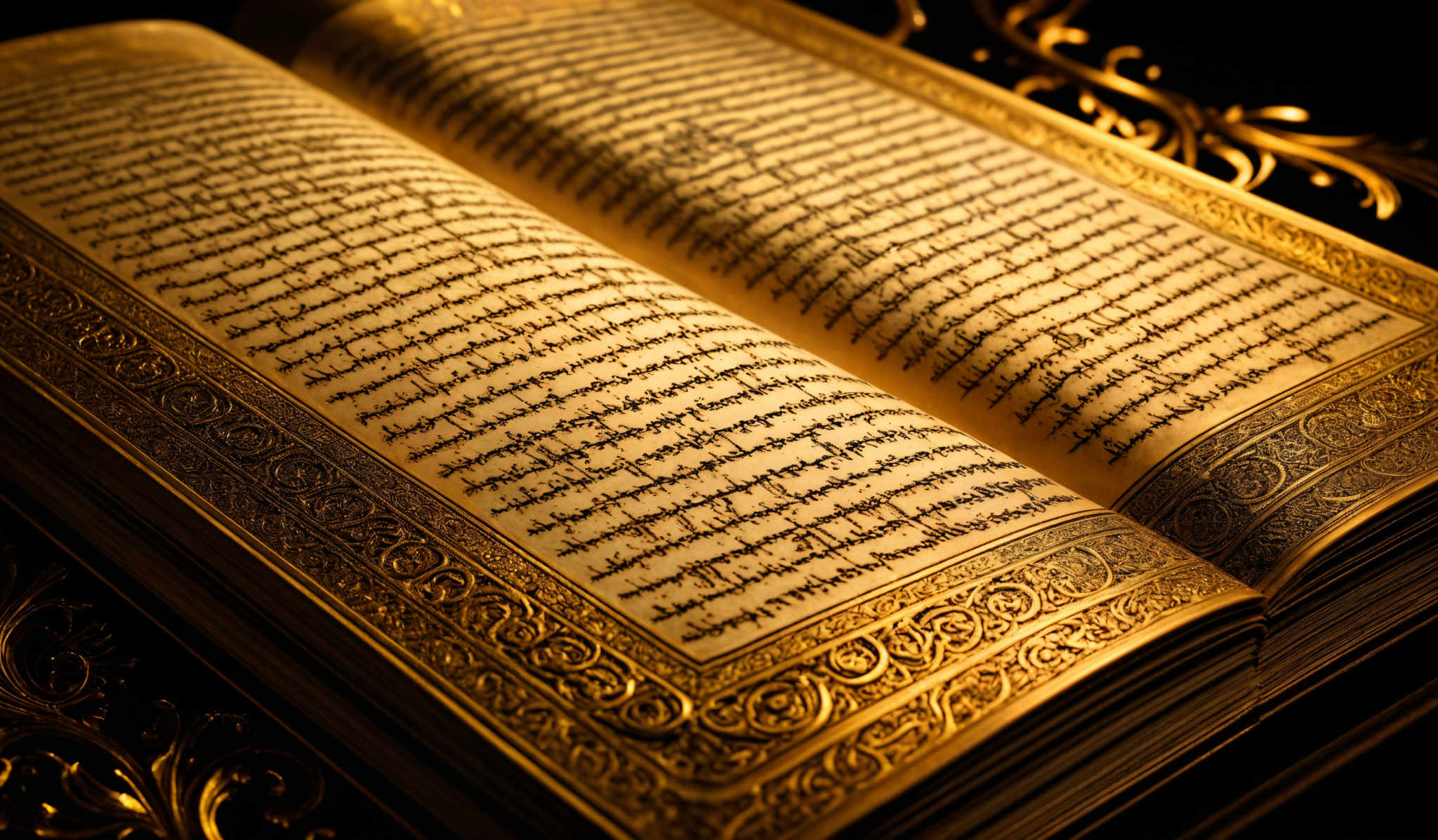 The image showcases a book with intricate golden designs on its cover and pages. The book's pages are filled with black text, possibly in Arabic script, given the ornate and artistic style of the writing. The cover features elaborate patterns, with swirling motifs and floral designs, all in a rich golden hue. The overall ambiance of the image is warm and regal, emphasizing the book' s significance and value.