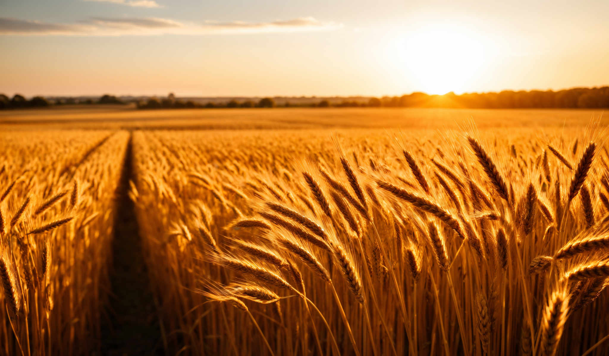 The image showcases a vast field of golden wheat, bathed in the warm glow of the setting sun. The sun casts a radiant orange hue over the horizon, contrasting with the deep blue of the sky. The wheat plants are tall and slender, with their golden heads swaying gently in the breeze. A pathway or a trail cuts through the middle of the field, leading the viewer's eye towards the horizon. In the distance, a line of trees can be seen, silhouetted against the setting sky.