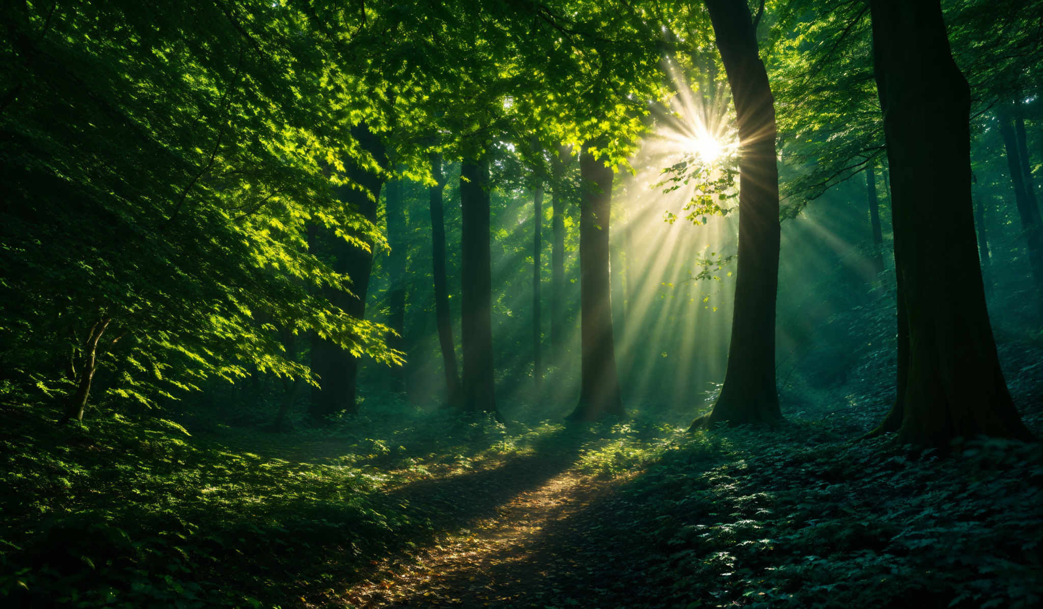 The image showcases a lush forest with tall trees. The predominant colors are various shades of green, representing the dense foliage. The sunlight pierces through the canopy, casting a warm, golden hue on the forest floor. The trees have a cylindrical shape with rough bark. The forest floor is covered with fallen leaves and small plants, creating a carpet-like appearance.