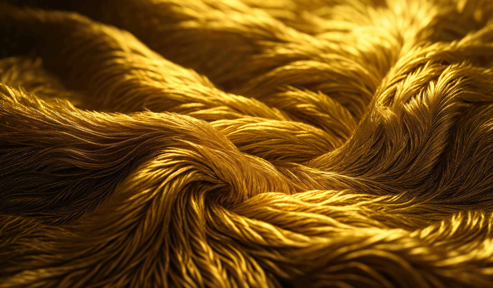 The image showcases a close-up view of what appears to be golden or yellowish strands, possibly resembling wool or fur. The strands are intricately woven and have a rich texture. The color palette is dominated by various shades of gold, ranging from deep, burnt orange to lighter, almost golden-yellow hues. The shape is organic and flowing, with the strands swirling and intertwining, creating a sense of movement and depth.