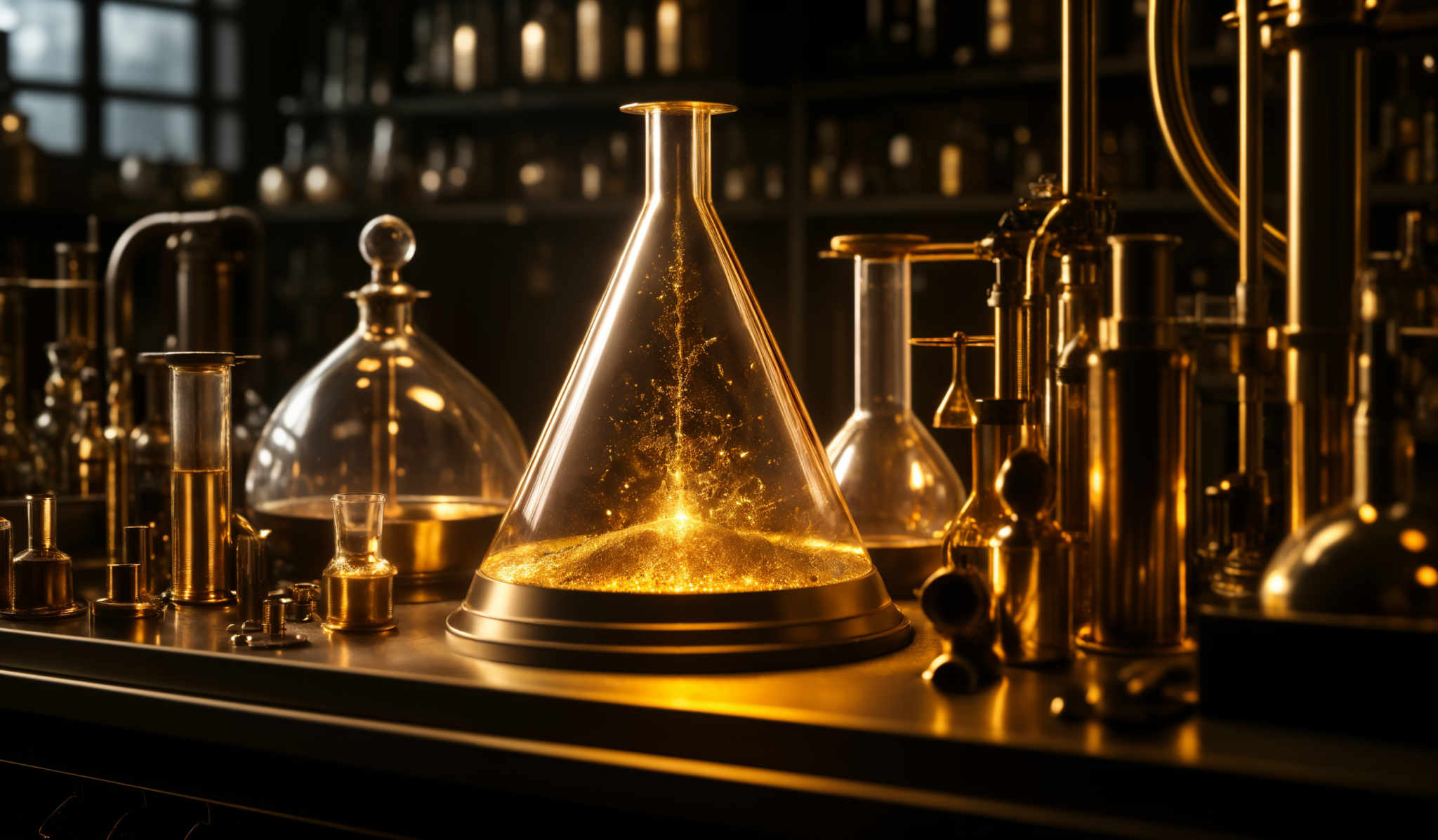 The image showcases a vintage laboratory setting with various glassware and metal apparatus. The dominant colors are gold, amber, and deep brown, giving the scene a warm, antique feel. The shapes include flasks, beakers, and tubes, some of which are filled with a golden liquid or substance that emits a glow. The central piece is a large conical flask filled with the same luminescent substance, and it's placed on a table with other similar equipment around it.