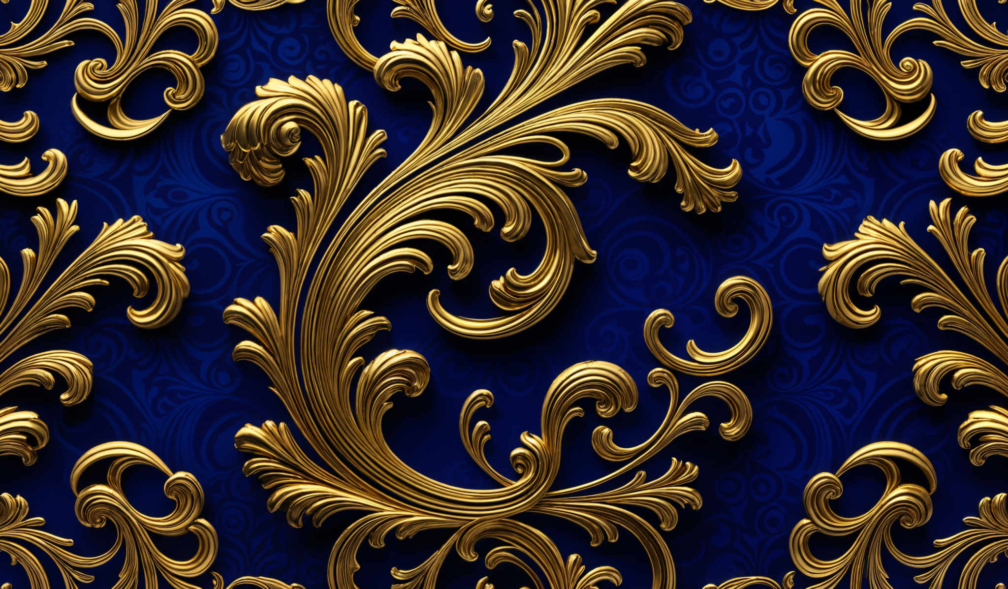 The image showcases a rich, ornate design with a deep blue background. The primary color is gold, which is used to create intricate, swirling patterns reminiscent of rococo or baroque art. These patterns are symmetrical and appear to be inspired by nature, with elements resembling leaves, flowers, and scrolls. The gold patterns are set against a solid blue background, which provides a striking contrast and makes the gold elements pop.