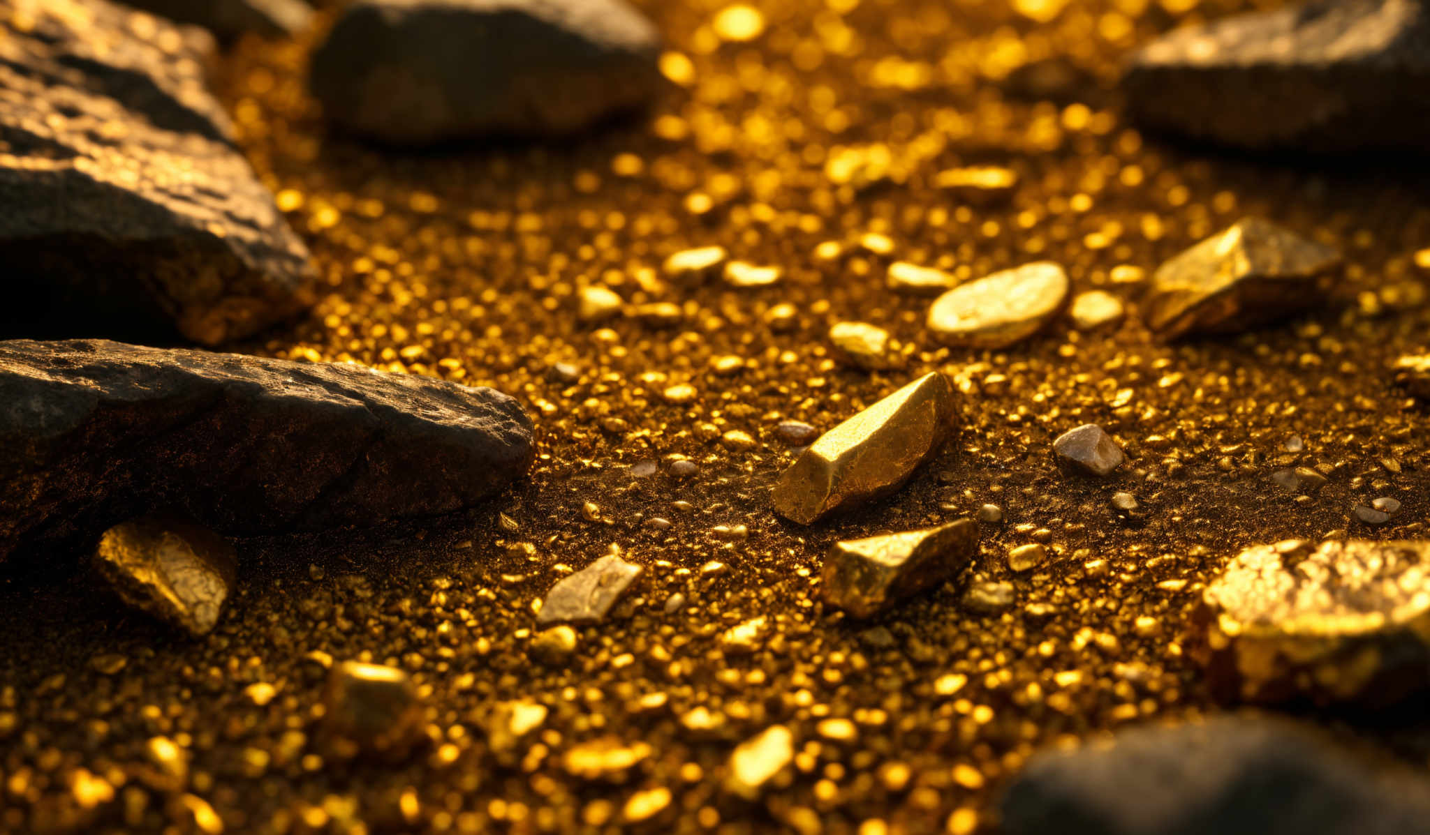 The image showcases a rich golden hue, predominantly from small, shimmering particles that resemble gold grains or flakes. These particles are scattered throughout the frame, with some larger, more defined pieces of what appears to be gold on the surface. The gold pieces have a reflective sheen, highlighting their purity and value. The surrounding area has dark, rugged stones, contrasting with the luminous gold, emphasizing its preciousness.