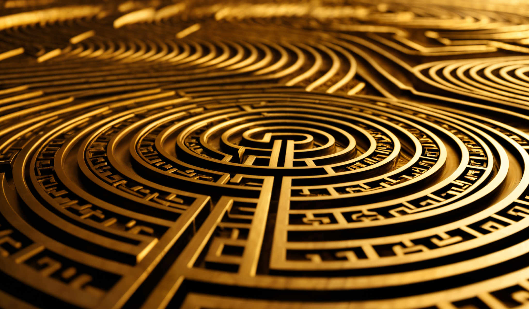 The image showcases intricate patterns with a golden hue. The patterns are made up of concentric circles and winding lines, creating a labyrinth-like design. The details are meticulously crafted, with each layer of the design appearing slightly different, adding depth and complexity to the overall image.