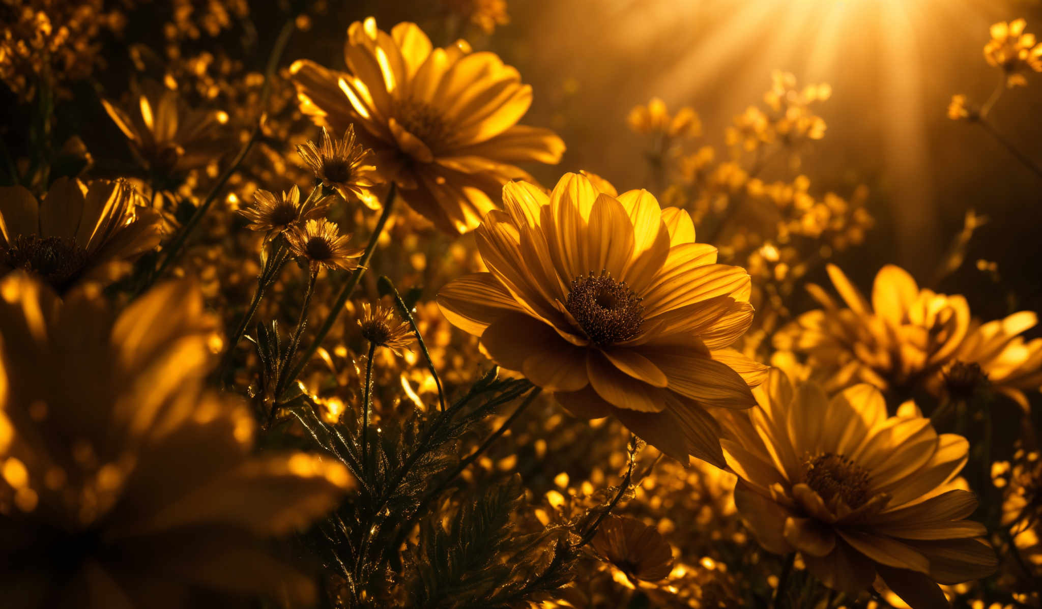 The image showcases a vibrant display of flowers bathed in a warm, golden light. The dominant color is a rich shade of yellow, with the petals of the flowers exhibiting a smooth texture. The flowers have a circular shape with multiple layers of petals radiating outwards. The background is slightly blurred, emphasizing the flowers, and is illuminated by sun rays that create a radiant glow, adding depth and dimension to the scene.