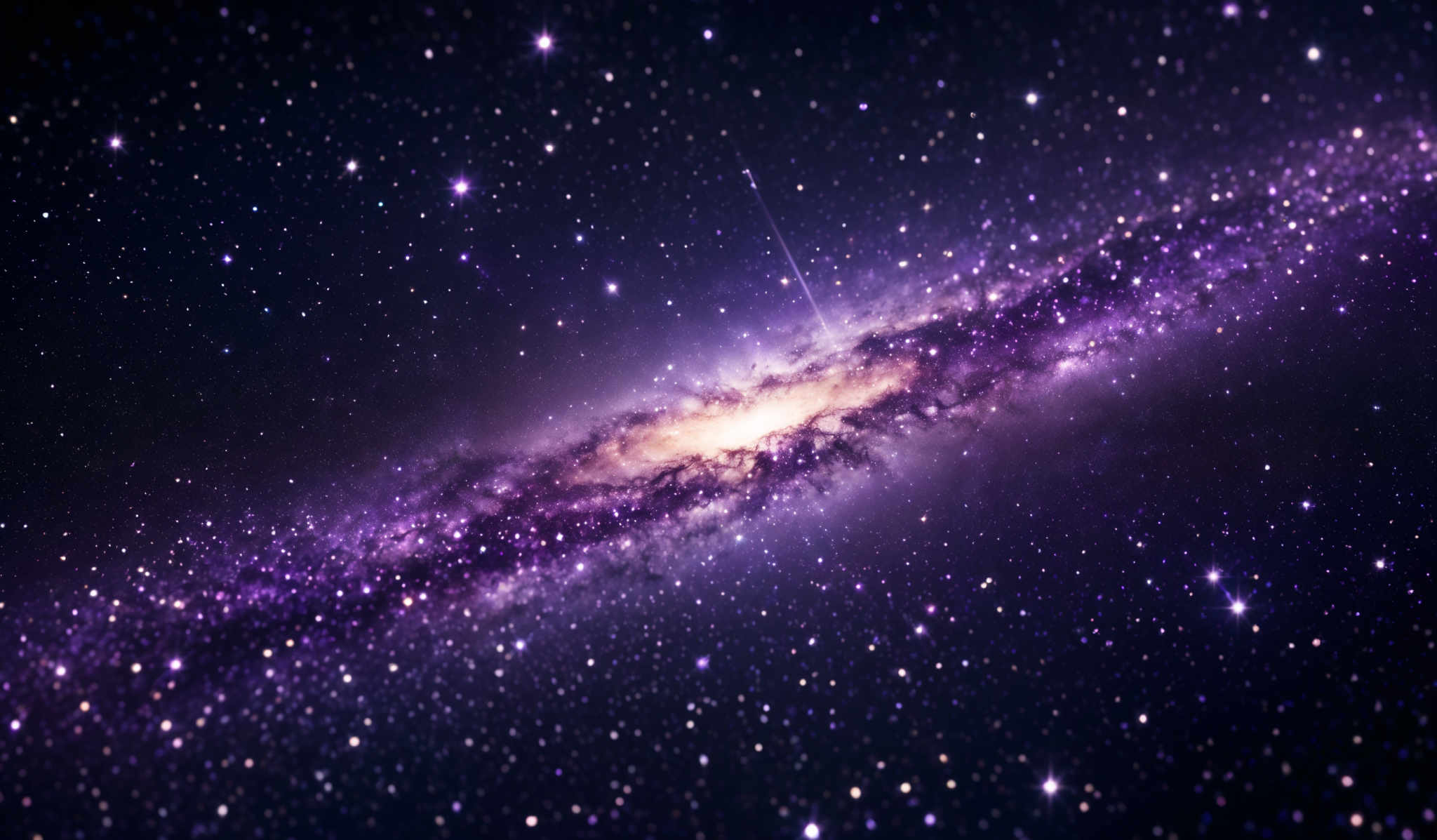 The image showcases a mesmerizing cosmic scene with a dominant purple hue. The central portion of the image is dominated by a bright, luminous core, possibly representing a star or a galaxy, surrounded by a dense, cloudy formation. This formation is dotted with numerous white stars, creating a sense of depth and vastness. The surrounding space is filled with countless other stars, some of which are brighter than others, creating an intricate pattern of light and dark. The overall shape of the formation is somewhat elongated, resembling a spiral or a lenticular galaxy.