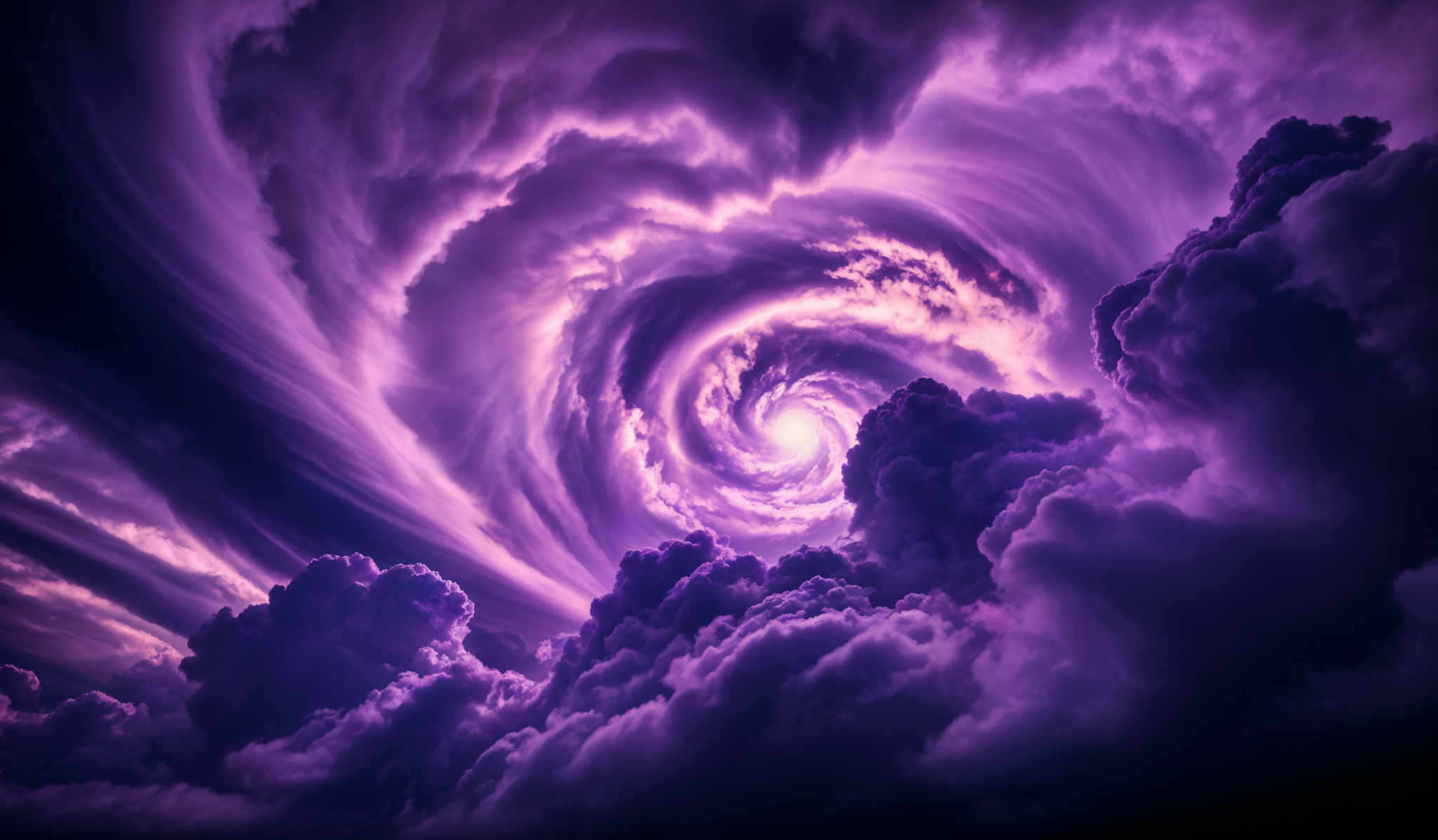 The image showcases a mesmerizing swirl of clouds, predominantly in shades of purple and deep blue. The clouds are dense and billowing, with some appearing fluffy and others more turbulent. The swirl itself is a spiraling pattern, reminiscent of a whirlpool or vortex, with the brightest part of the image emanating a soft glow, possibly representing sunlight or a celestial body. The overall ambiance of the picture is dramatic and ethereal, evoking feelings of wonder and awe.