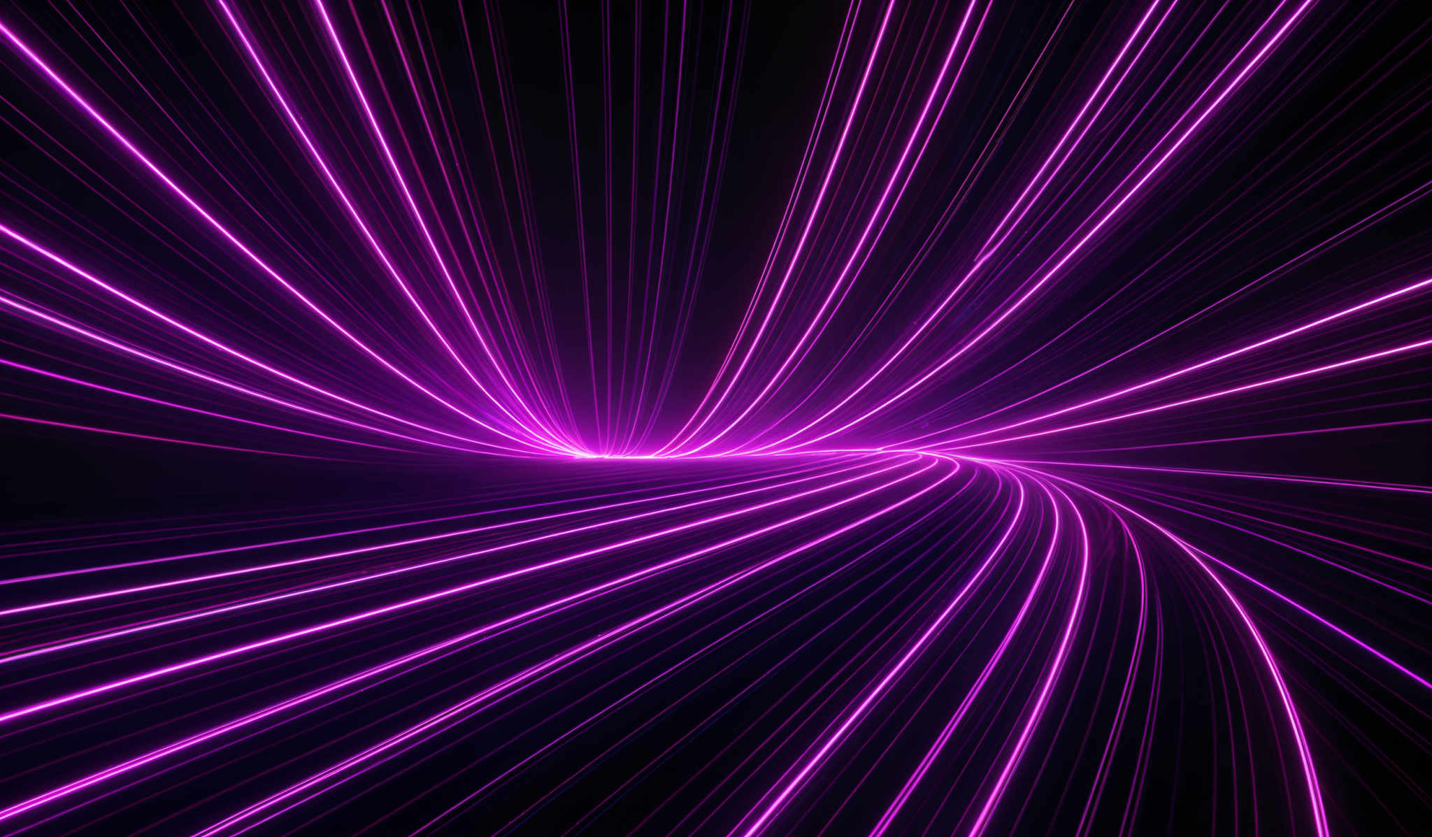 The image showcases vibrant neon pink and purple lines converging towards a central point. These lines are curved and appear to be emanating from a central source, creating an illusion of depth and perspective. The background is predominantly dark, which accentuates the brightness and vibrancy of the lines.