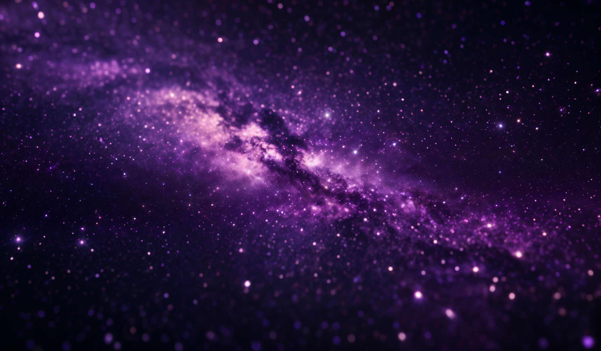 The image showcases a vibrant and mesmerizing cosmic scene. Dominated by hues of purple and blue, it features a dense cluster of stars, with some appearing as bright dots and others as faint specks. The central region of the image is marked by a brighter, more concentrated cluster of lights, suggesting a galaxy or nebula. The vastness of space is accentuated by the deep black background, punctuated only by the luminous stars and celestial formations.