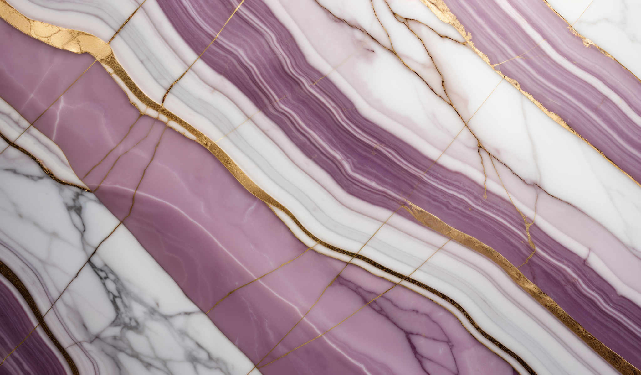 The image showcases a marbled pattern with a combination of purple, white, and gold. The marble appears to have a fluid, wavy design, with the purple and white colors creating a layered effect. The gold lines intertwine between these layers, adding a touch of luxury and contrast.