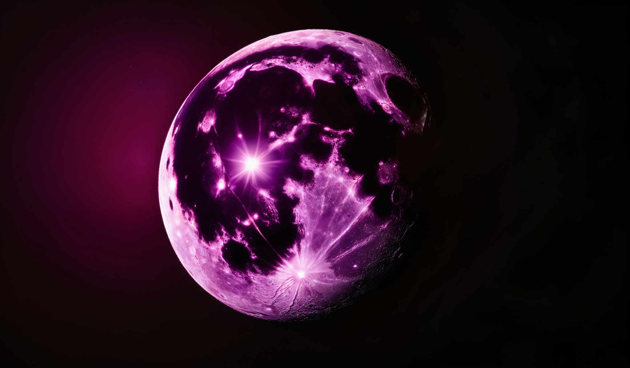 The image showcases a celestial body, possibly a planet or moon, that is predominantly in shades of purple and pink. The surface of the celestIAL body has various craters, valleys, and mountainous regions. There's a bright, radiant light source emanating from one side, casting a glow on the surface. The background is a deep, dark space, contrasting the vibrant colors of the planet.