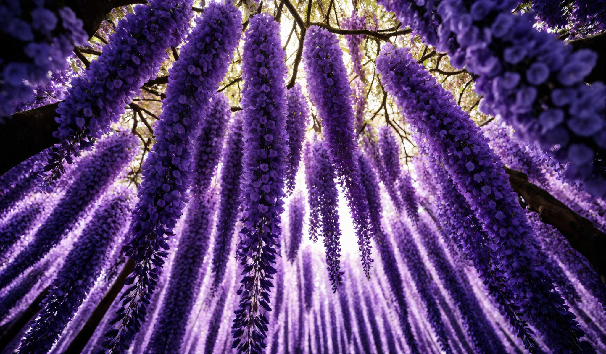 The image showcases a mesmerizing view of cascading purple flowers. These flowers hang down in elongated clusters, creating a canopy-like effect. The color is vibrant and captivating, with each flower displaying a rich shade of purple. The shape of the flowers is elongate and somewhat tubular, with a dense arrangement of petals. The background is slightly blurred, emphasizing the depth and vastness of the flower display.