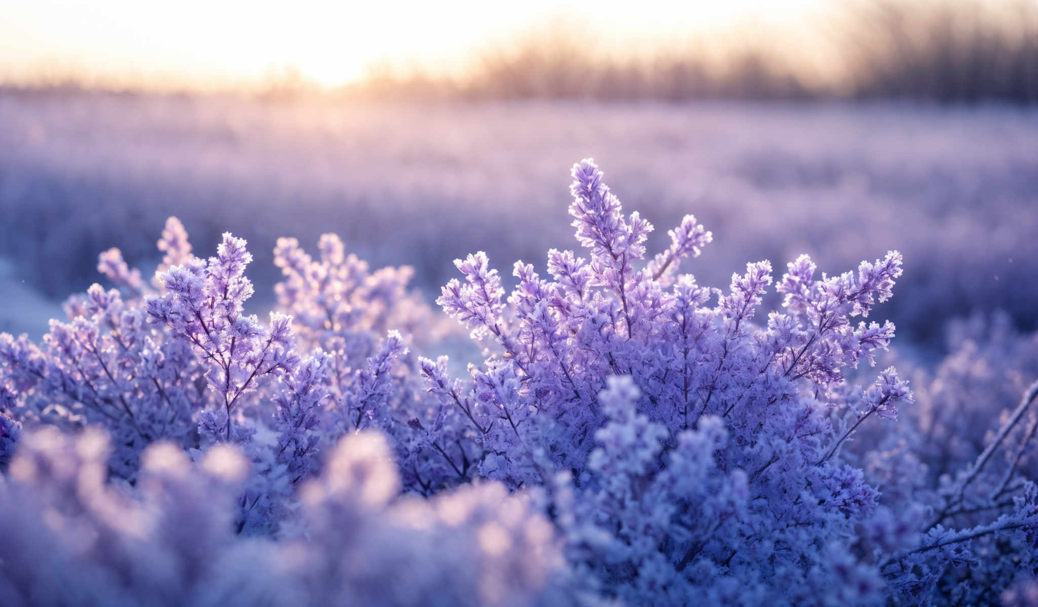 The image showcases a breathtaking scene of nature during what appears to be the golden hour. The dominant colors are shades of purple, pink, and gold. The foreground features delicate, frost-covered plants with small, clustered purple flowers. These plants are illuminated by the soft, warm light, giving them a frosty glow. The background reveals a vast expanse of a field or meadow, bathed in a golden hue from the setting or rising sun. The horizon is slightly blurred, emphasizing the depth and vastness of the landscape.