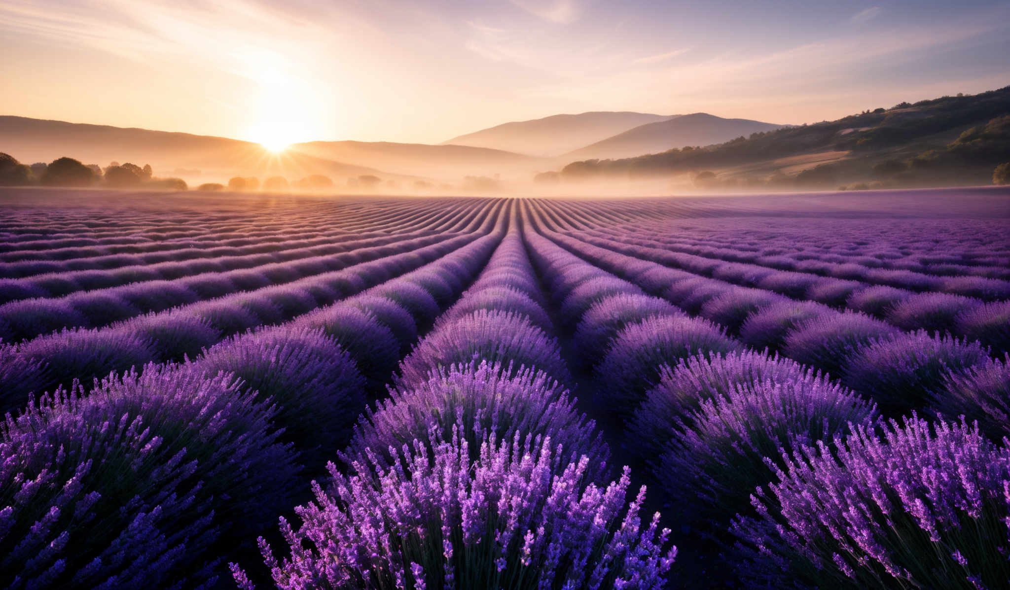 The image showcases a breathtaking landscape of a lavender field during sunrise or sunset. The lavender plants are in full bloom, displaying vibrant shades of purple. The rows of lavender are meticulously aligned, creating a symmetrical pattern that stretches into the distance. The sun casts a golden hue over the scene, with its rays piercing through the misty atmosphere, creating an ethereal glow. In the background, there are rolling hills and mountains, partially obscured by a light mist. The sky is painted with soft shades, transitioning from a warm orange near the sun to a cooler blue as it extends upwards.