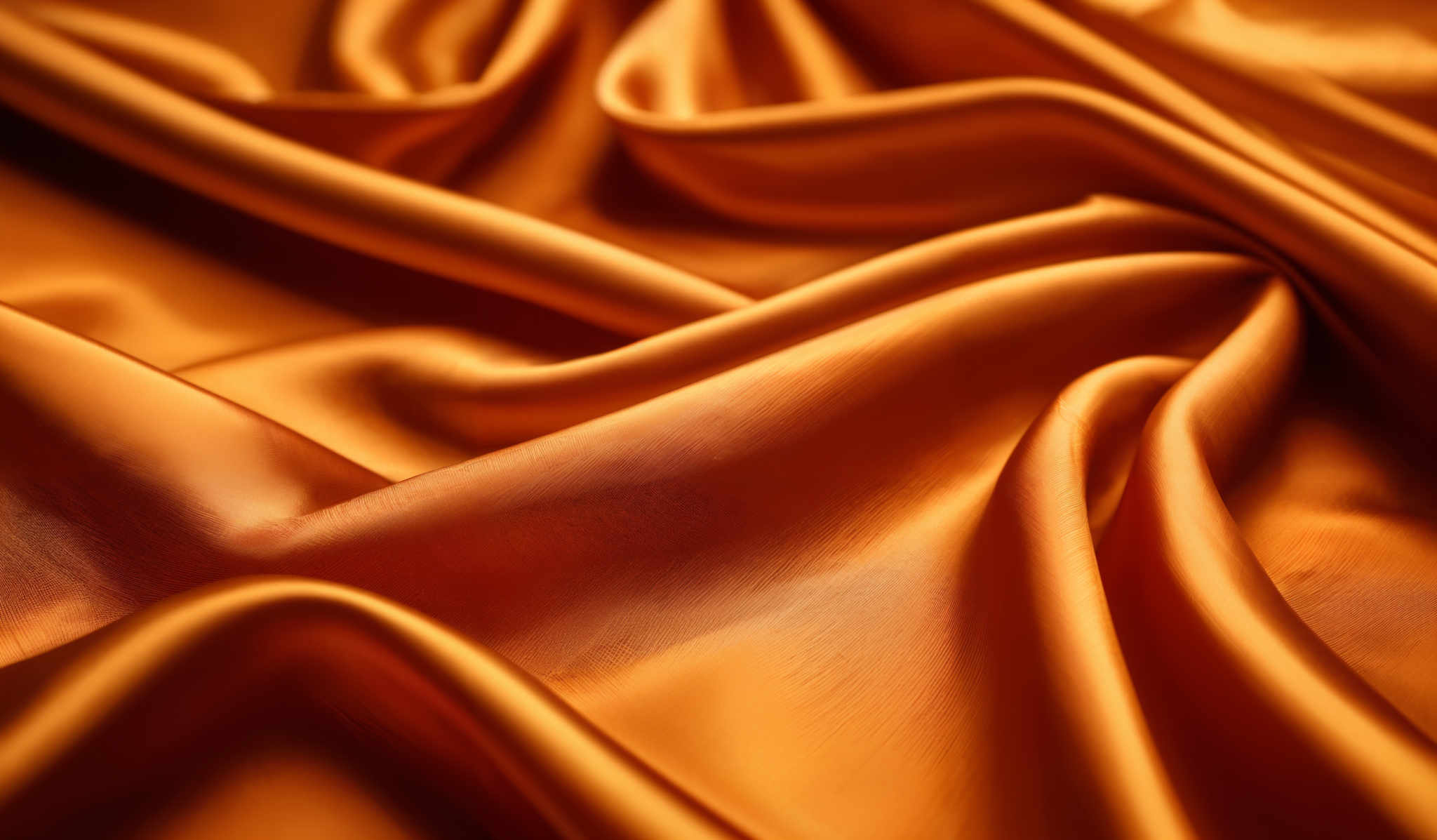 The image showcases a rich, vibrant shade of orange, depicting folded and draped fabric. The fabric exhibits a smooth texture, reflecting light in a way that highlights its sheen and depth. The folds create a dynamic pattern, with some areas revealing the underlying fabric while others are covered, creating a sense of movement and depth in the image, almost as if the fabric is alive and breathing.