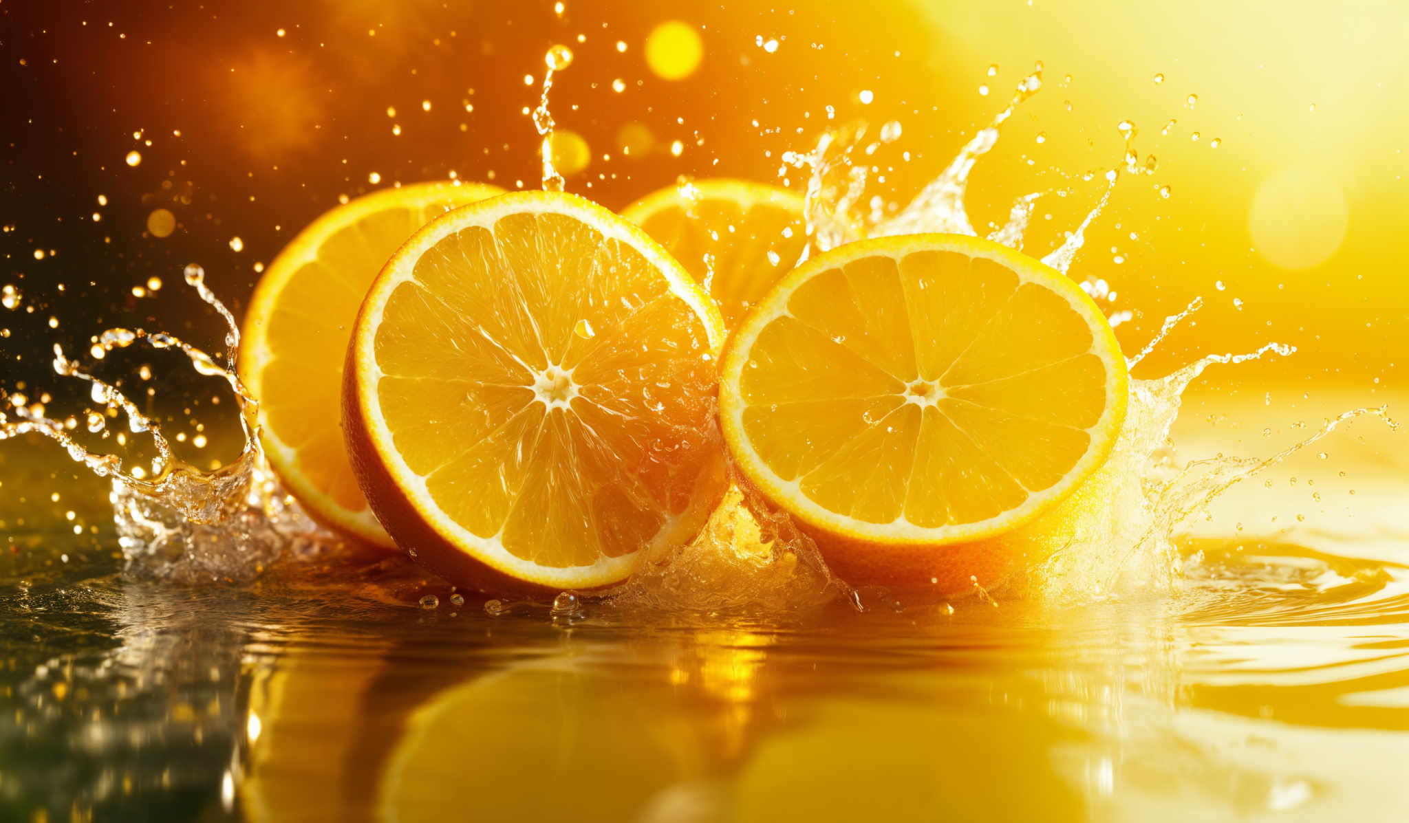 The image showcases vibrant oranges, cut into two halves, with water droplets splashing around them. The oranges are placed on a reflective surface, and the background is illuminated with a warm, golden light, creating a dynamic and visually appealing scene.