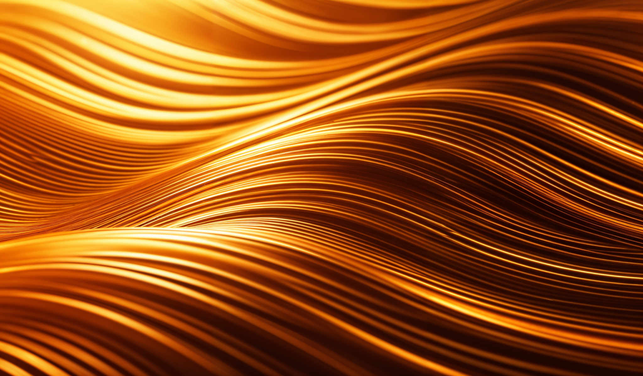 The image showcases a series of intertwined, wavy lines that appear to be in a flowing motion. The colors are predominantly shades of gold and amber, giving the image a warm and radiant feel. The lines are closely packed together, creating a sense of depth and movement. The overall shape is reminiscent of flowing water or waves, with the lines undulating and curving in a rhythmic pattern.