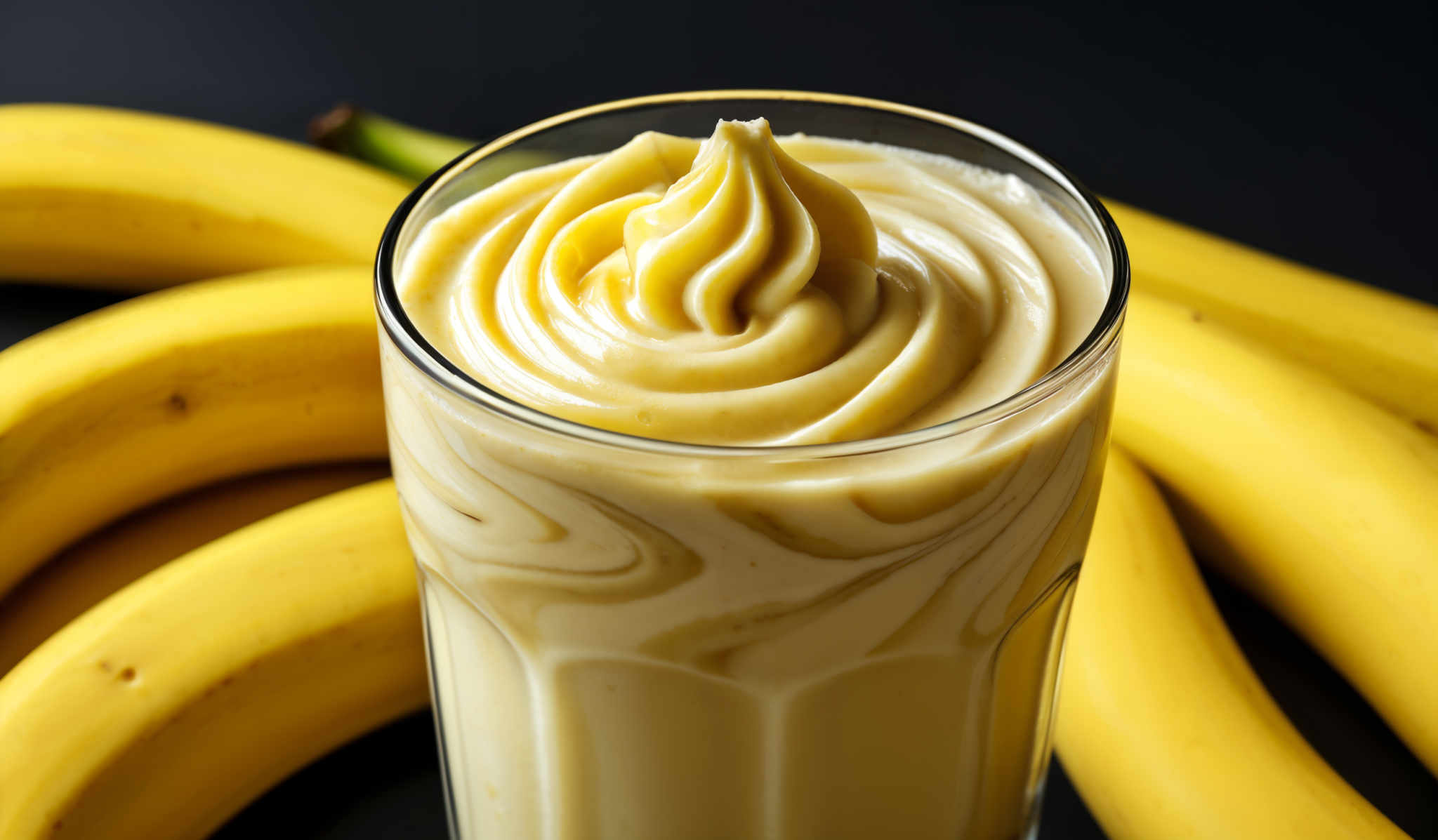 The image showcases a glass filled with a creamy yellow beverage, possibly a smoothie or a milkshake. The beverage has a swirled pattern on its surface, and a small dollop on top resembling a cream or frosting. Surrounding the glass are several ripe bananas with a vibrant yellow color, placed against a dark background.