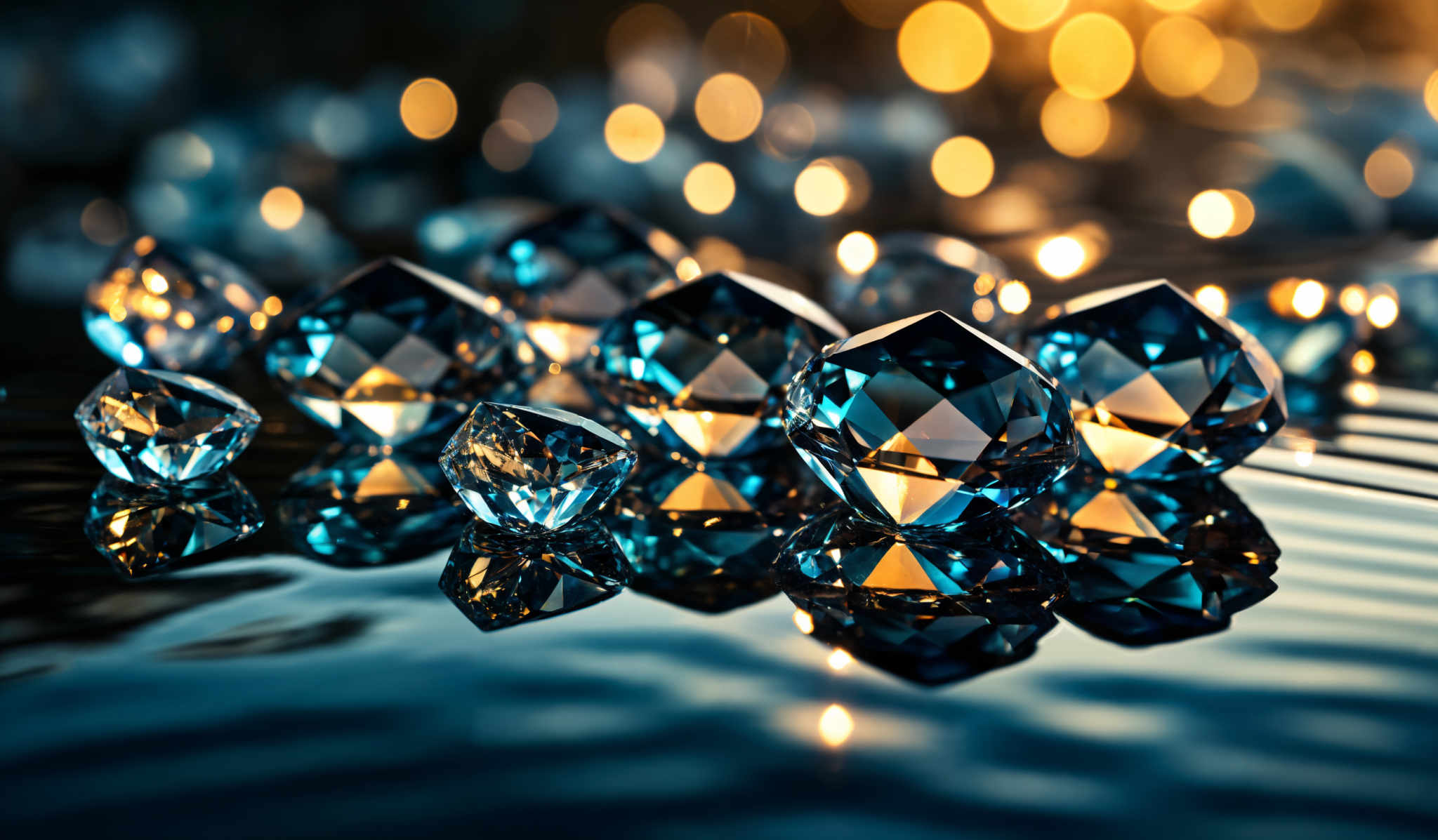 The image showcases multiple clear, diamond-like objects with a hexagonal shape. They reflect light, giving them a sparkling appearance. The objects are placed on a reflective surface, and there are blurred lights in the background, creating a bokeh effect. The colors in the image are predominantly shades of blue and gold, with the diamonds appearing translucent and the background having a warm golden hue.