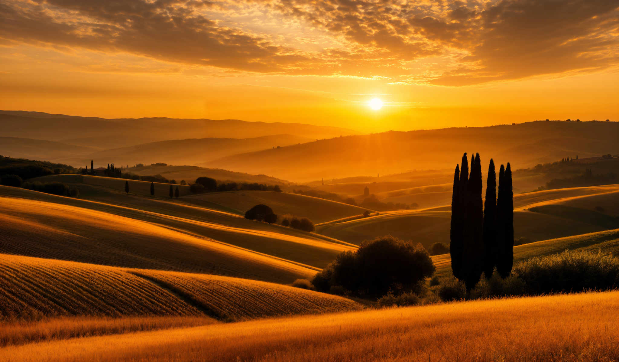 The image showcases a breathtaking landscape during sunset. The dominant colors are warm hues of orange, gold, and amber, reflecting the setting sun. The sky is painted with a mix of orange and gold, with scattered clouds that are illuminated by the sun's rays. The landscape consists of rolling hills, with fields that appear to be cultivated, showcasing different shades of green and gold. There are a few tall, slender cypress trees standing out against the backdrop of the hills. The sun is positioned near the horizon, casting long shadows across the landscape.