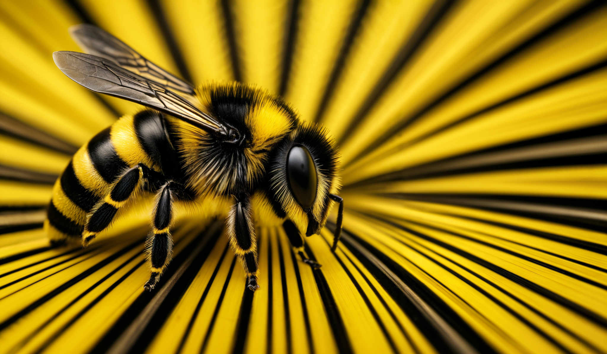 The image showcases a close-up of a bee against a vibrant backdrop of yellow and black striped patterns. The bee is predominantly black and yellow, with its fuzzy body, striped abdomen, and distinctive wings. The background consists of alternating black and bright yellow stripes that converge towards the center, creating a dynamic and captivating visual effect.