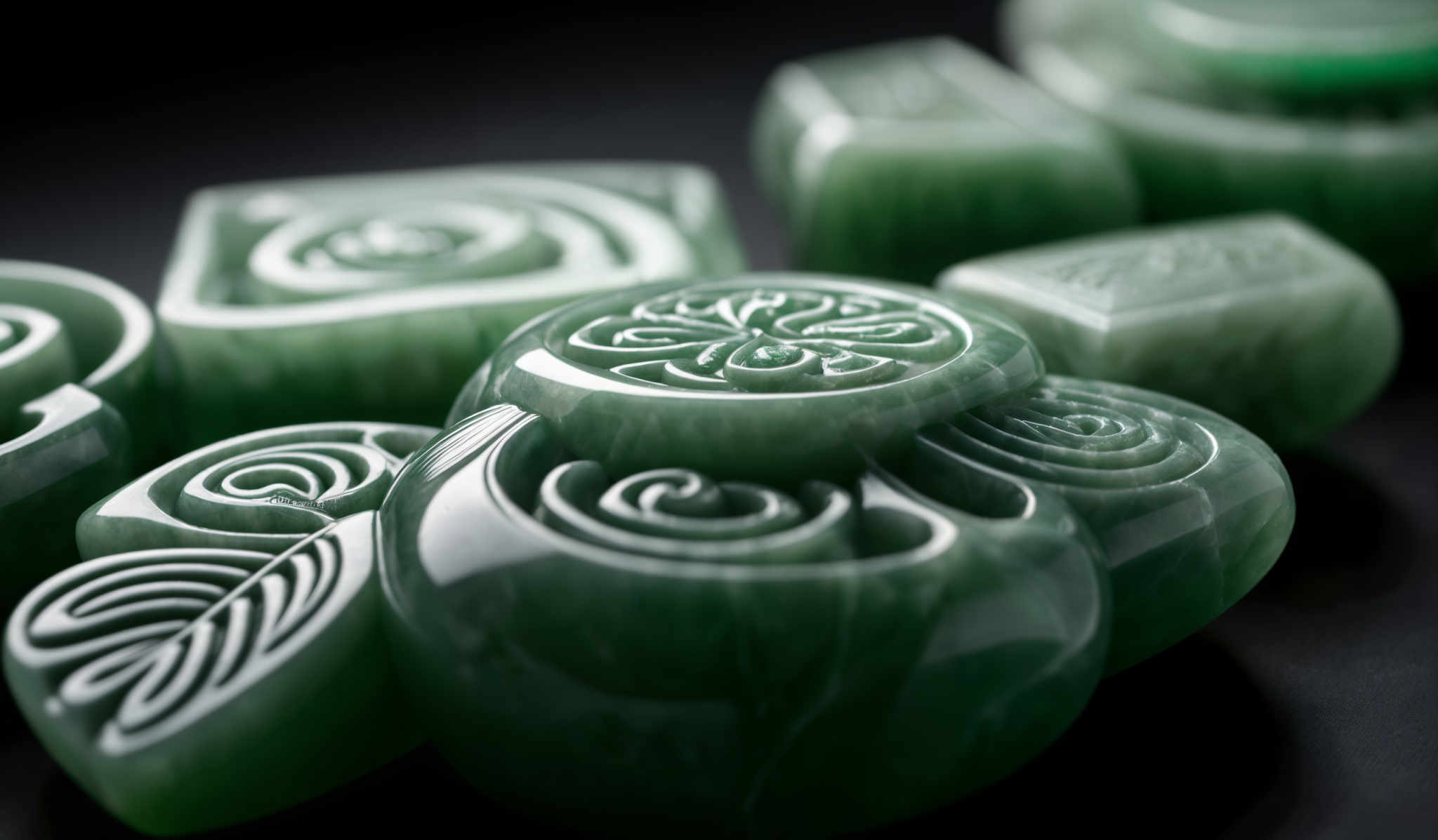 The image showcases intricately carved objects that appear to be made of a translucent green material. The shapes are varied, with some resembling flowers, others geometric patterns, and a few that seem to be abstract designs. The carvings are detailed, with swirls, curves, and patterns etched deeply into the material.