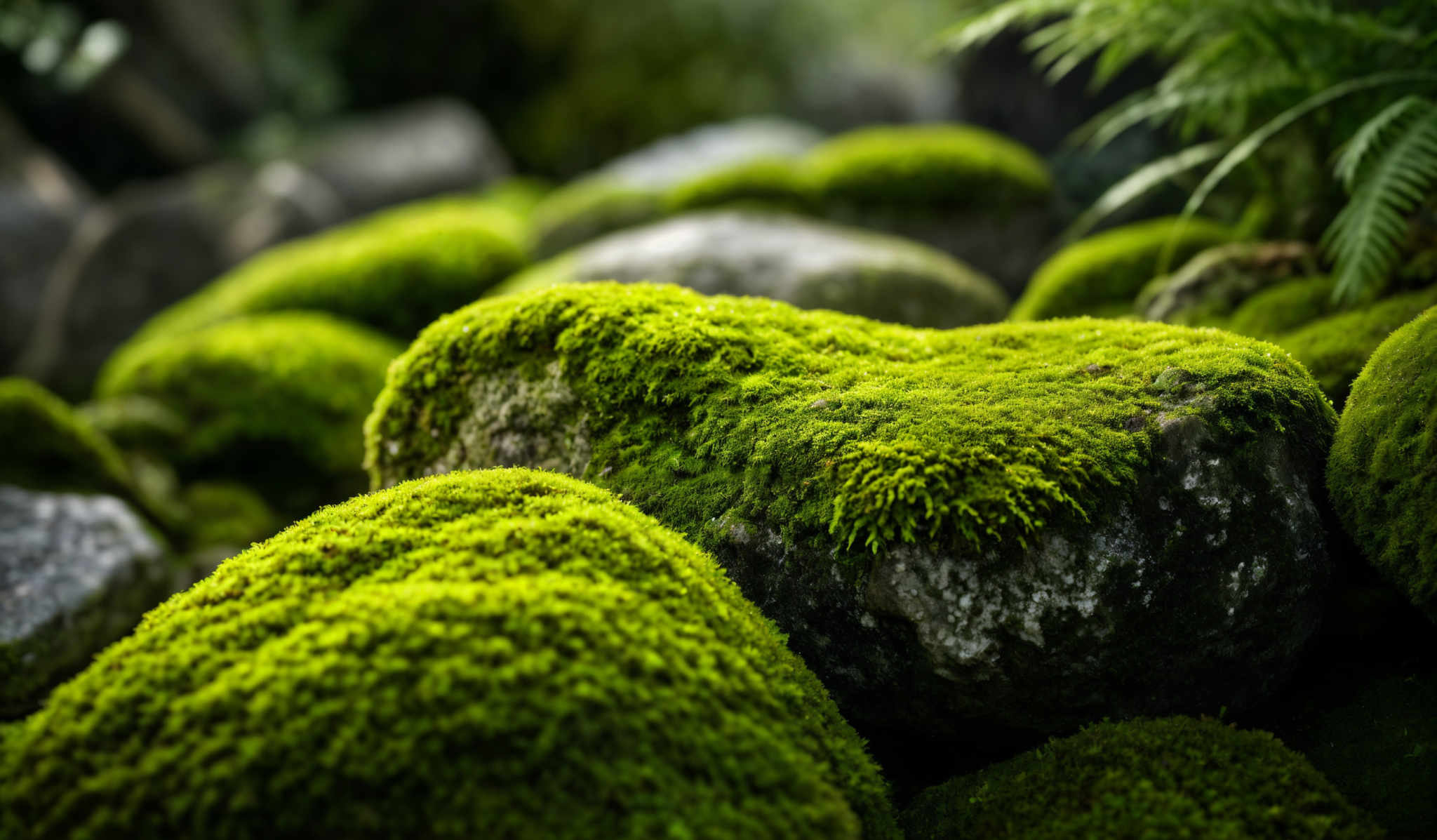 The image showcases vibrant shades of green, predominantly from moss-covered stones. The moss appears thick and fluffy, covering the stones in a carpet-like manner. The stones themselves are irregular in shape, with some having smooth surfaces while others have more rugged and textured surfaces. There are also hints of other green plants, like ferns, in the background, adding to the lush and serene ambiance of the scene.