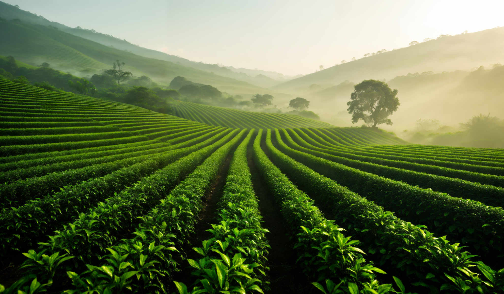 The image showcases a vast landscape of terraced green tea plantations. The terraces are neatly aligned in parallel rows, creating a mesmerizing pattern that curves gently up the hillside. The tea plants are lush and vibrant, displaying a rich shade of green. The background reveals a series of rolling hills, partially obscured by a soft mist. The sunlight filters through the mist, casting a warm, golden hue over the scene. A solitary tree stands prominently in the middle distance, adding a touch of contrast to the uniformity of the terraces.