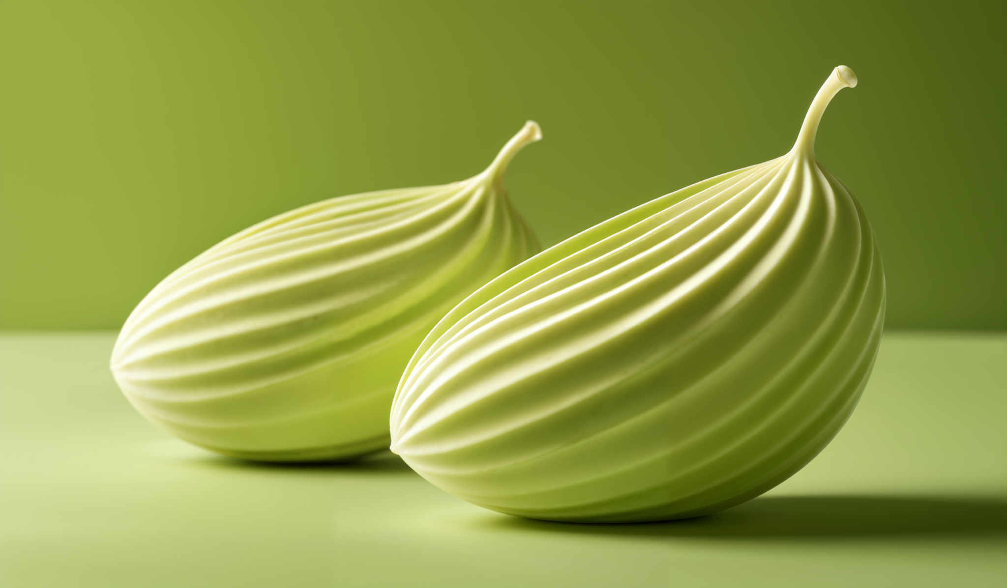 The image showcases two objects that resemble swirled, elongated pods or bulbs. They are predominantly green in color with a smooth, glossy texture. The objects have a unique, ridged pattern that runs vertically along their length, giving them a sculpted appearance. The background is a solid, muted green, which accentuates the objects and makes them stand out.