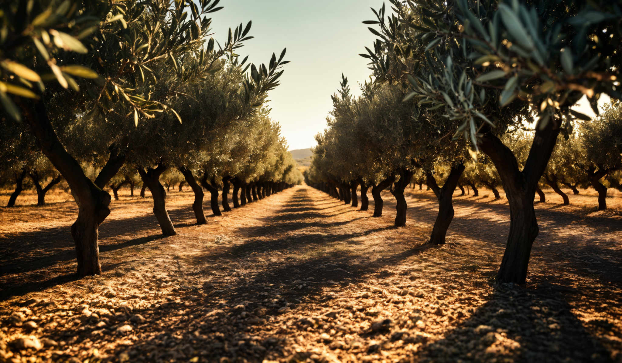 The image showcases a row of trees with a symmetrical pattern. The trees have a unique, curved trunk shape and are densely packed. The leaves are a mix of green and light brown, suggesting a possible change in season. The ground is covered with small pebbles and stones, and the sunlight casts long shadows, indicating either early morning or late afternoon. The overall color palette is warm, with golden hues from the sun and the earthy tones of the trees and ground.