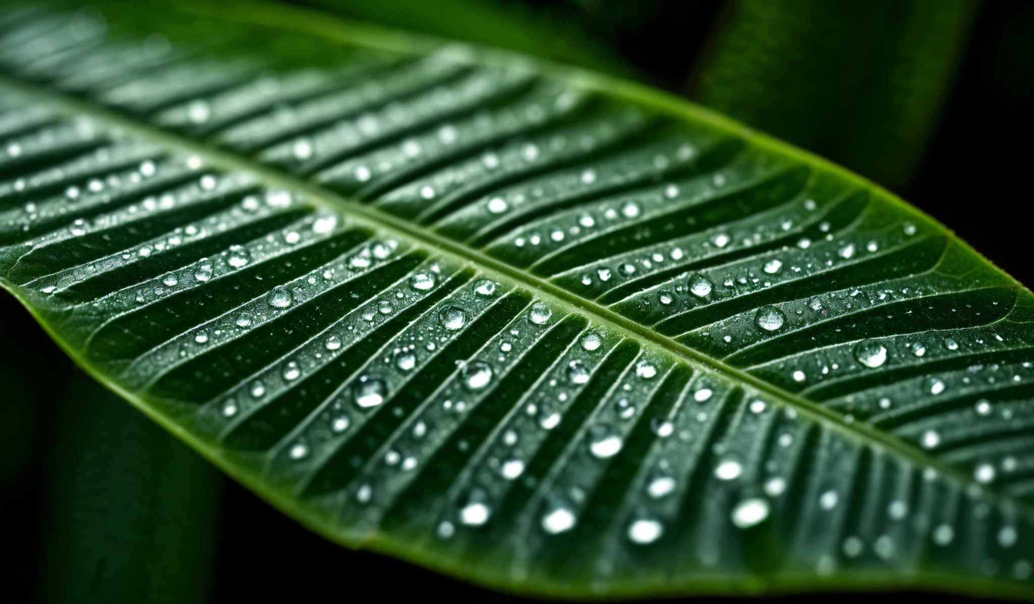 The image showcases a large, elongated green leaf. The leaf has a prominent central vein running through it, and it is adorned with numerous small, round water droplets. The droplet's clarity allows one to see the reflections and refractions within them, giving a shimmering effect. The background is blurred, emphasizing the leaf and making it the focal point of the image, with hints of other green leaves.