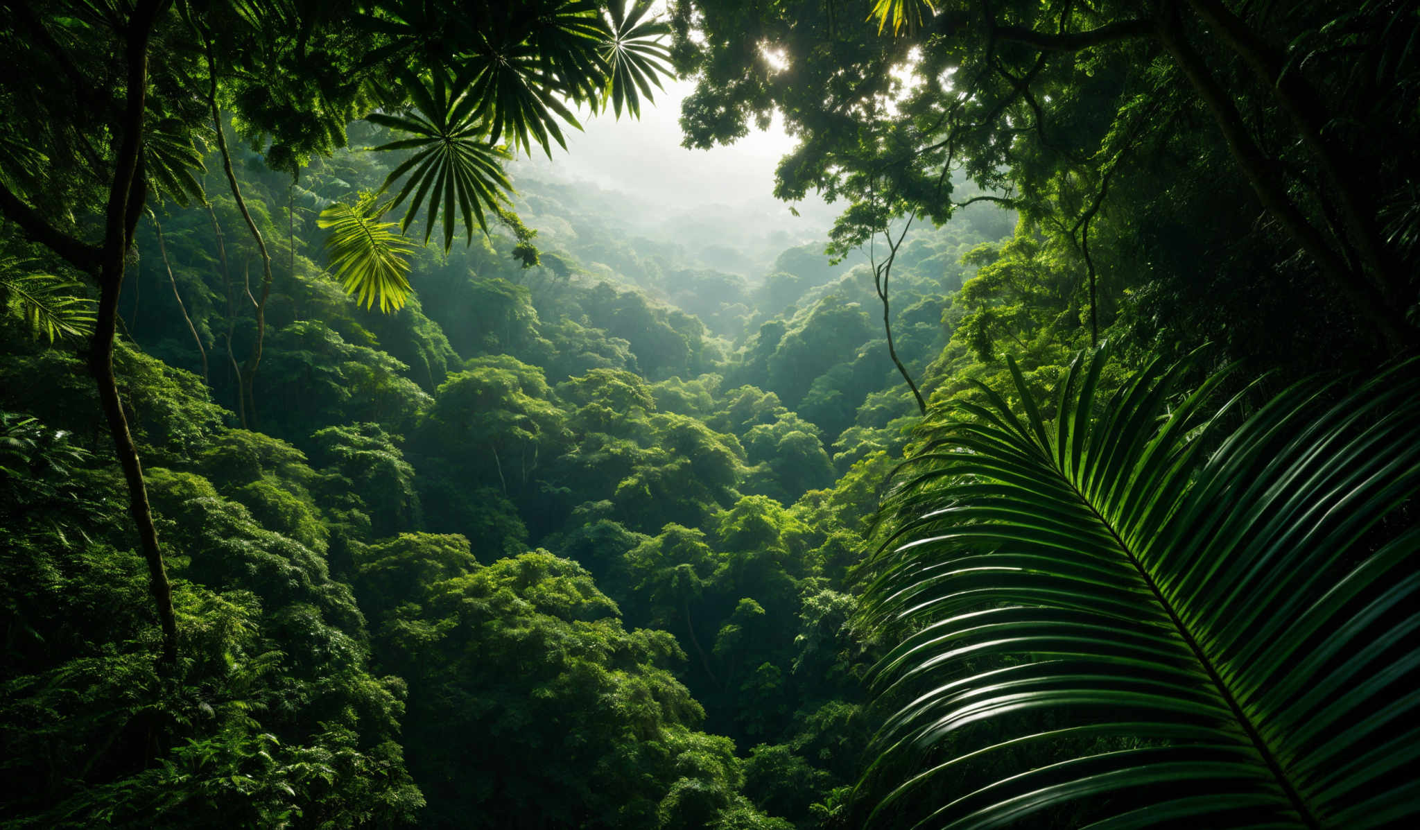 The image showcases a lush, verdant forest. Dominating the foreground are large, palm-like leaves with a distinctive fan shape. These leaves are green with a slightly glossy texture. In the background, dense foliage can be seen, with various shades of green representing different types of plants. The forest appears to be a tropical rainforest, characterized by its dense vegetation and high rainfall. The light filtering through the canopy creates a serene and mystical ambiance.