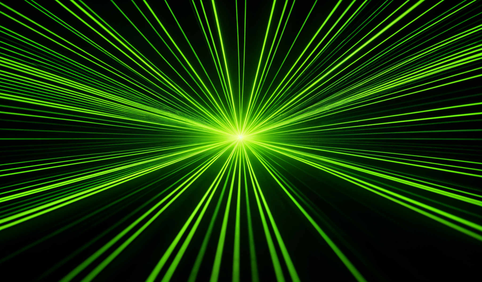 The image showcases a vibrant green color palette. The central focus is a bright green light emanating from a central point, radiating outward in concentric lines. These lines create an effect of a burst or explosion, giving the image a dynamic and energetic feel. The background is dark, which accentuates the brightness and vibrancy of the green lines.