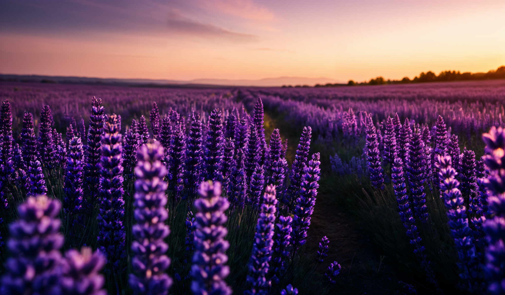 The image showcases a vast field of lavender with tall, slender purple flowers. The sky above is painted in hues of orange, pink, and blue, indicating either a sunrise or sunset. The horizon is lined with silhouettes of distant trees and mountains. The lavender field stretches out as far as the eye can see, with the flowers appearing in close-up in the foreground and fading into the distance.