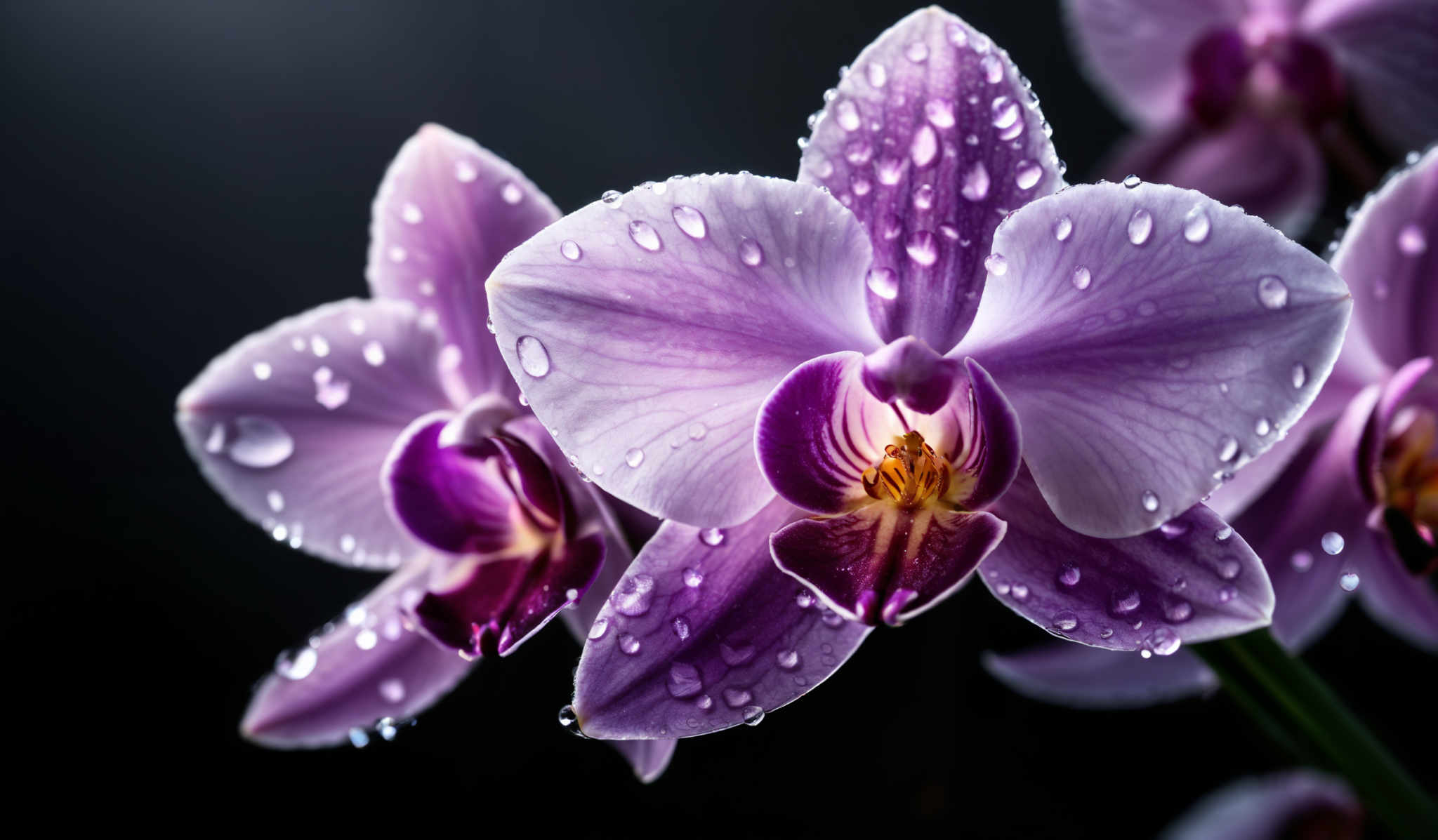 The image showcases vibrant purple orchid flowers. The petals are large, with a translucent quality, revealing the intricate veins beneath. Water droplets can be seen adorning the petals, reflecting light and adding a touch of freshness to the scene. The center of the orchid displays a deep purple hue with hints of yellow, and it appears to have a unique pattern, possibly indicating the reproductive parts of the flower.