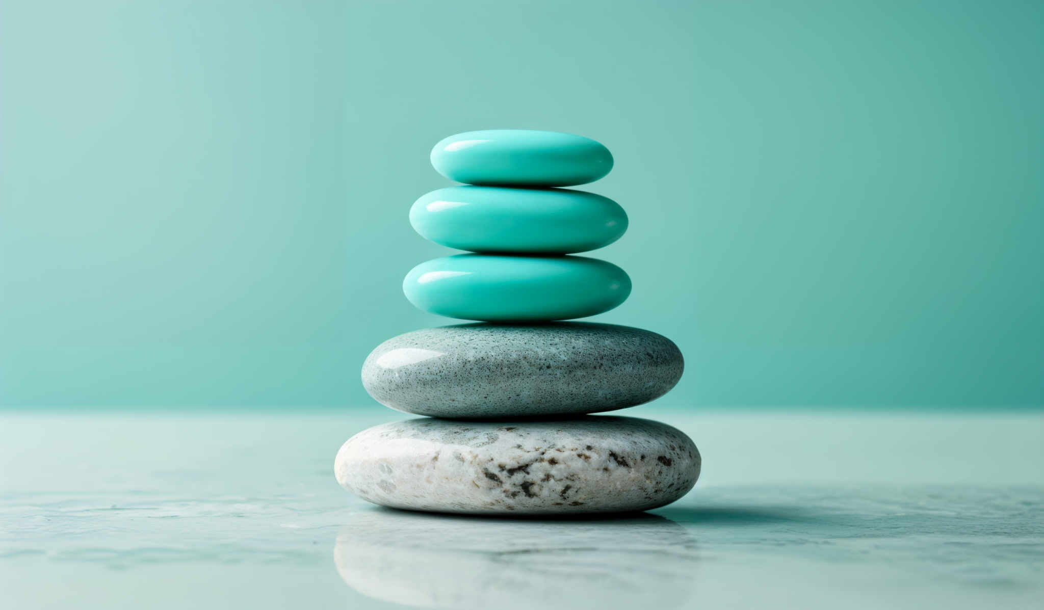 The image showcases a stack of smooth, rounded stones against a soft teal background. The stones are of varying sizes, with the largest stone at the bottom and the smallest at the top. The colors of the stones range from a light grayish-blue to a vibrant turquoise. The surface on which the stones are placed appears to be reflective, possibly made of glass or a polished stone, and it mirrors the stones and the background.