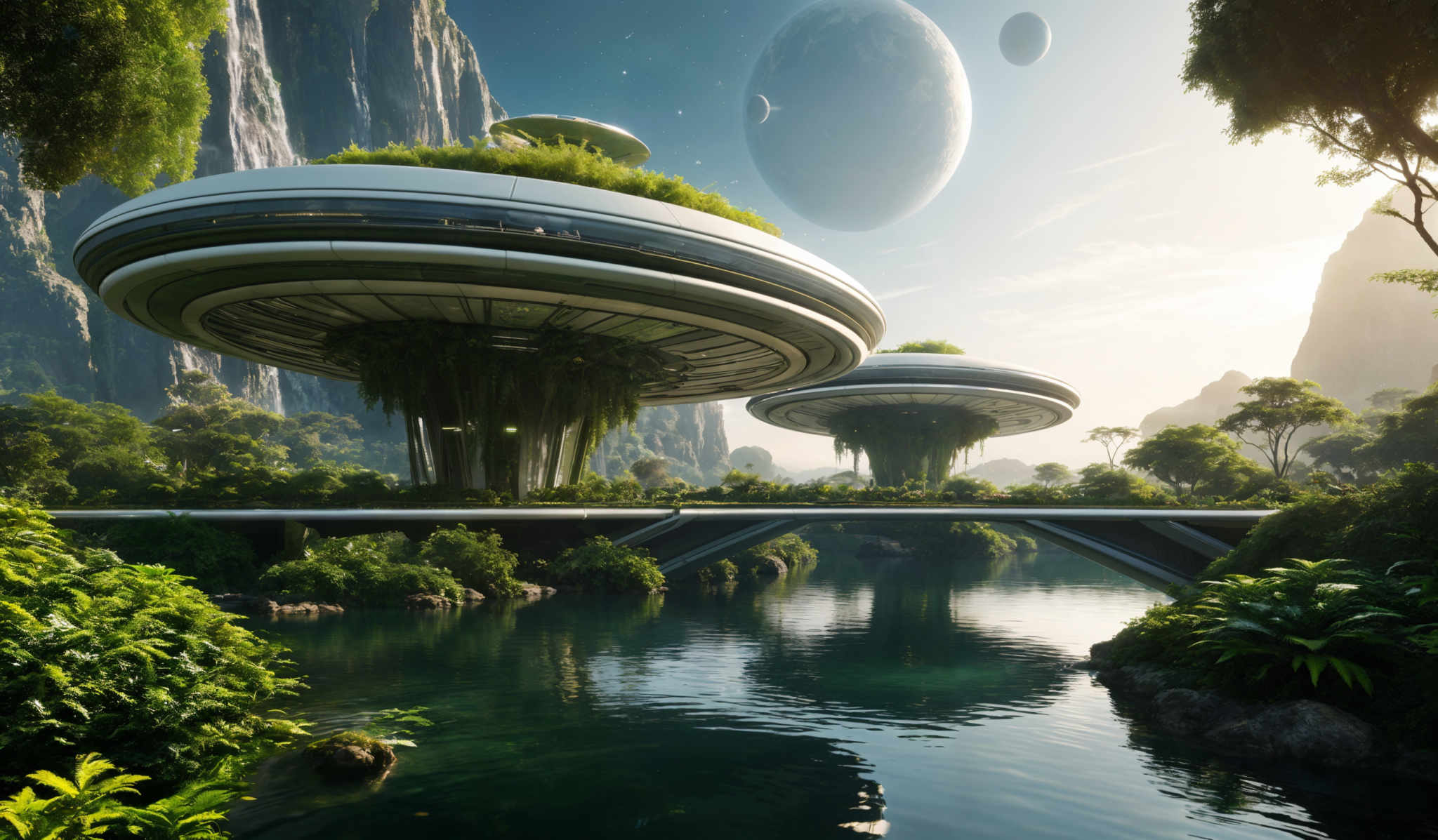 The image showcases a futuristic and eco-friendly architectural design. The buildings are circular and elevated, with green rooftops covered in lush vegetation. They are supported by multiple pillars that seem to be made of a combination of metal and organic materials. The surrounding environment is lush with tall cliffs, dense forests, and a serene body of water. Above, the sky is vast and blue, with multiple planets or moons visible, suggesting that this place might be located on another planet or in a futured version of Earth.