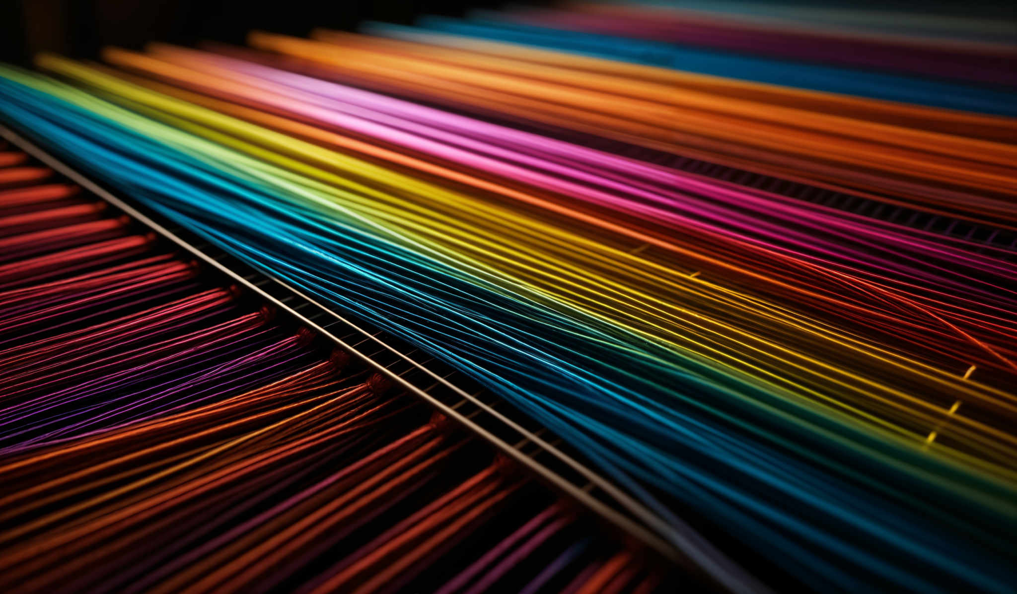 The image showcases a collection of colorful threads or strings arranged in a parallel manner. The threads are vibrant, displaying a spectrum of colors including red, blue, yellow, pink, and orange. They are uniformly aligned, creating a visually pleasing and harmonious pattern. The depth of the image is accentuated by the dark background, which makes the colors pop and appear more vivid.