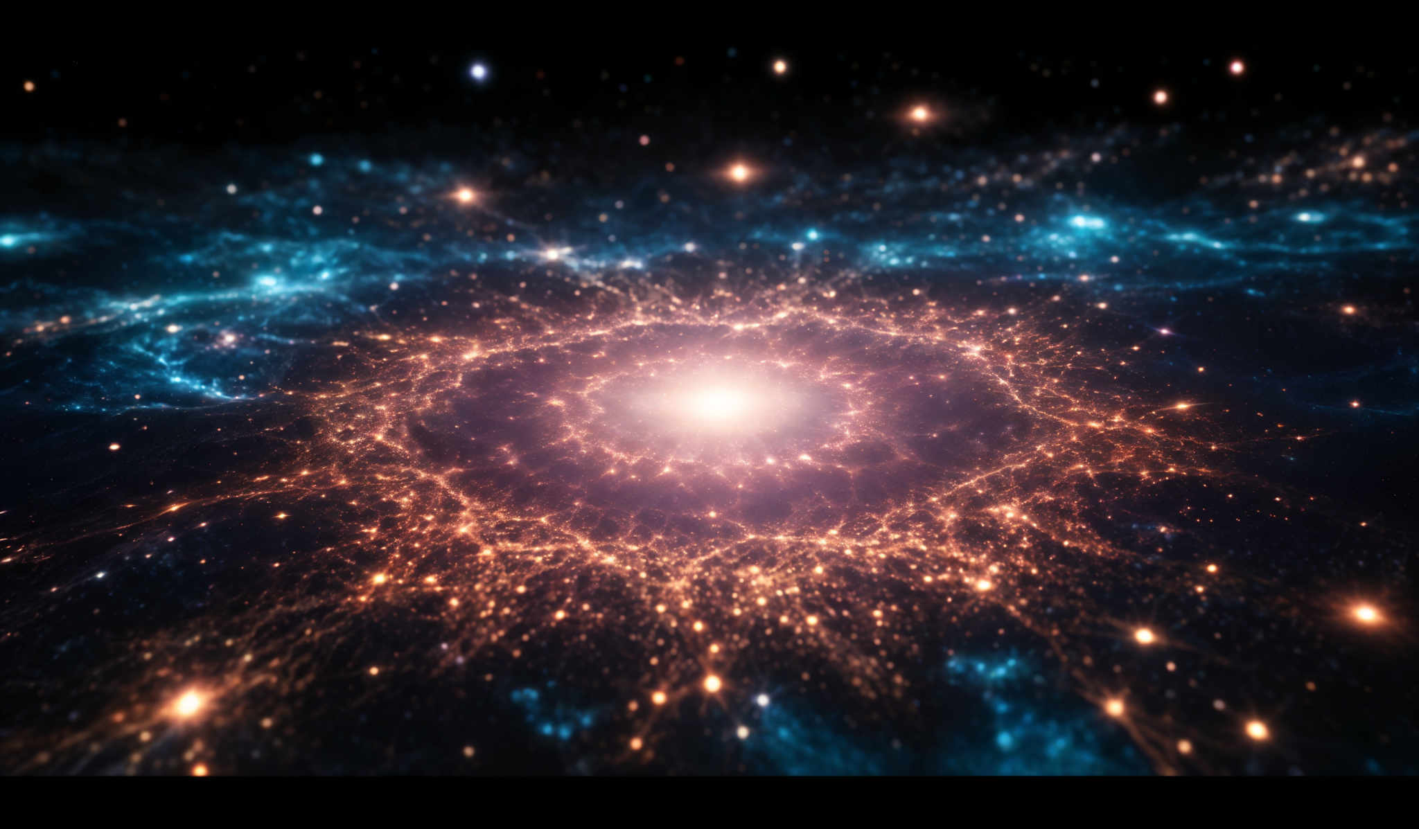 The image showcases a mesmerizing cosmic scene. Dominating the center is a bright, glowing orb, possibly a star or a supernova, surrounded by a swirling mass of blue and gold particles. These particles seem to emanate from the central orb, creating a radiant effect. The background is filled with a deep blue space dotted with numerous stars, giving a sense of vastness and depth. The overall color palette is a blend of deep blues, bright golds, and soft whites, creating an ethereal and otherworldly atmosphere.