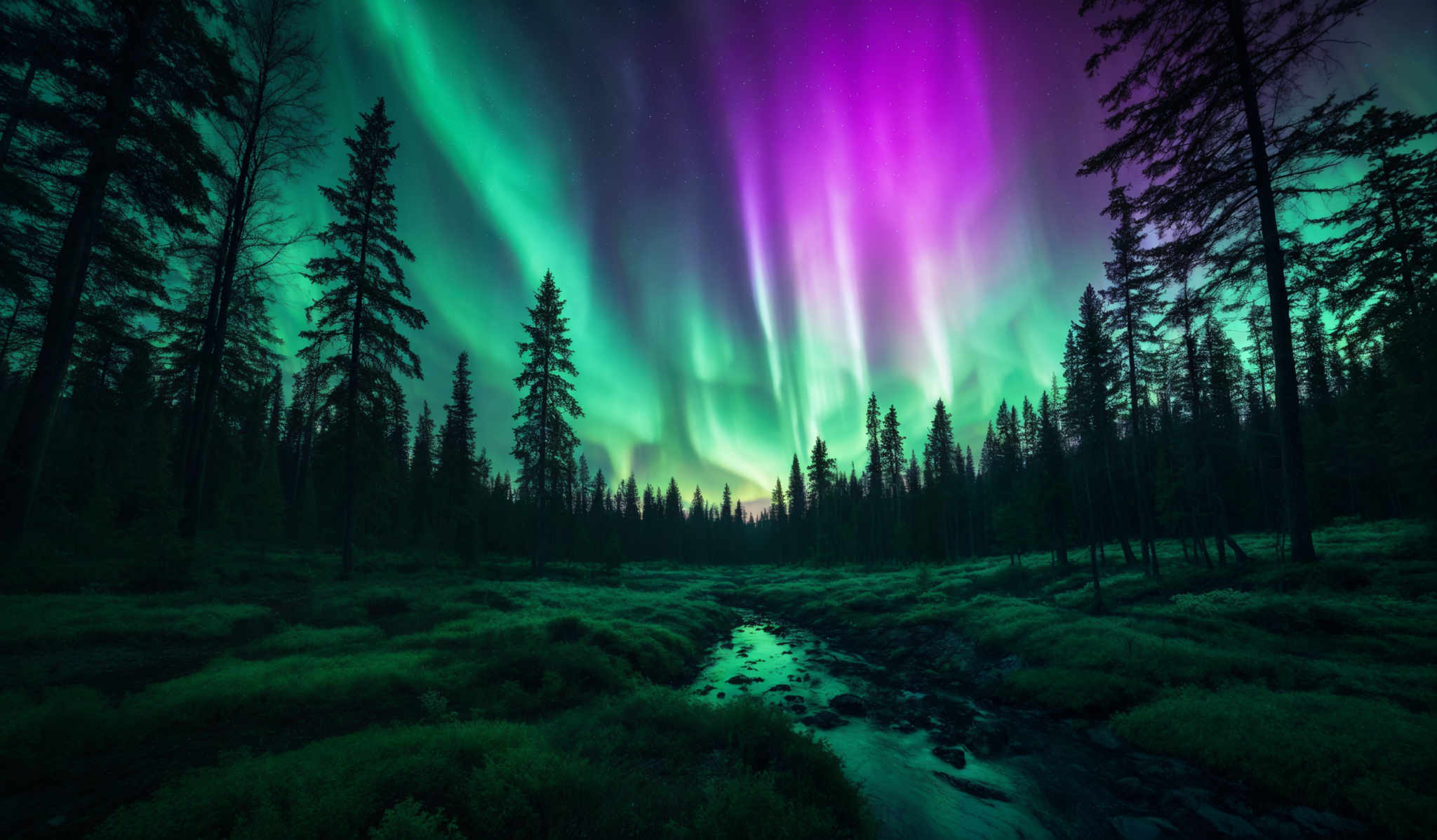 The image showcases a breathtaking view of the Northern Lights, also known as the Aurora Borealis. These lights display a vibrant array of colors, predominantly green and purple, dancing across the night sky. The shape of the lights is wavy and flowing, creating an ethereal and mesmerizing effect. Below the sky, there's a dense forest with tall pine trees. The forest floor is covered with green moss and small rocks, and there' s a small stream flowing through it. The overall ambiance of the image is serene and magical.